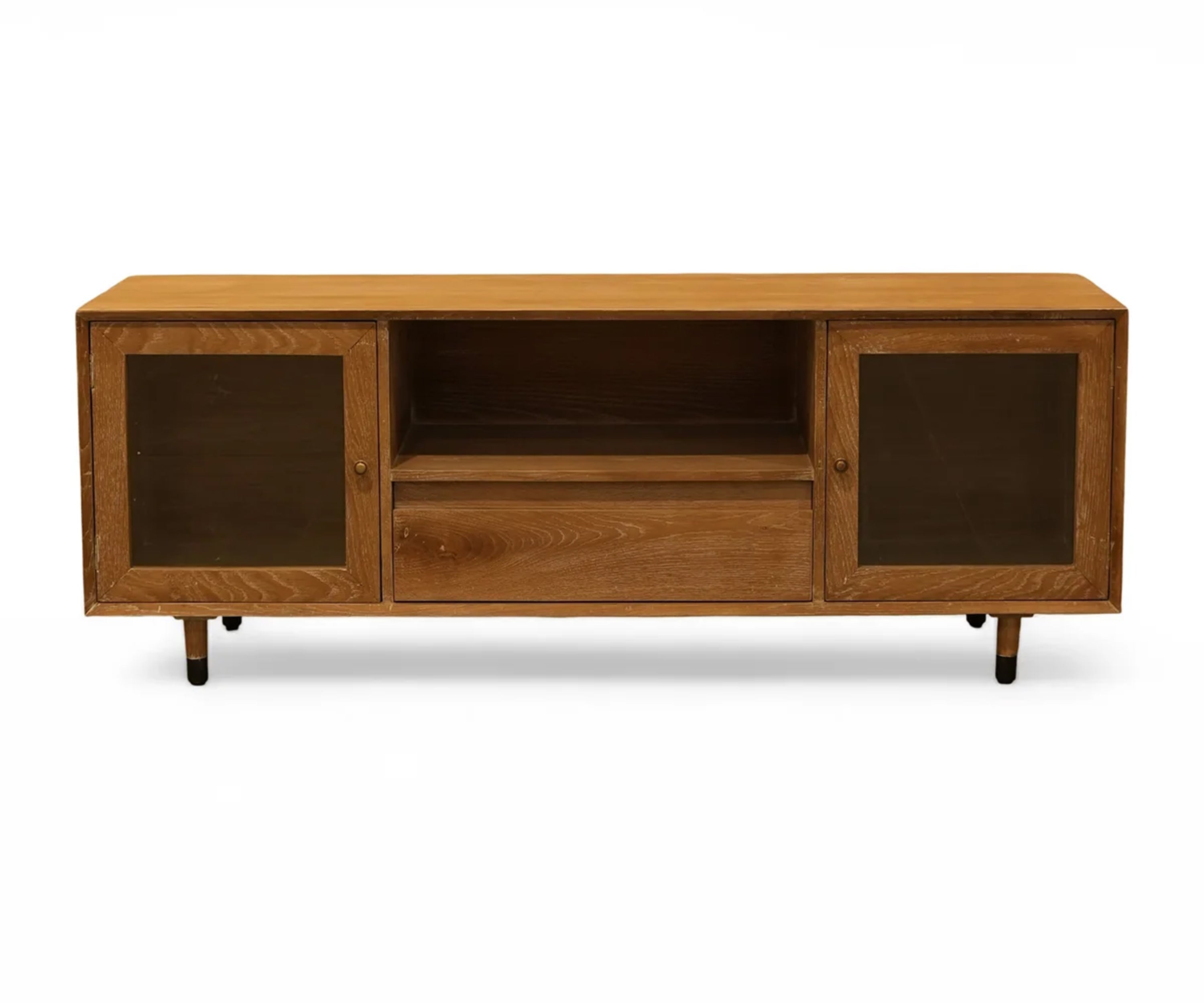Mid-Century Oak TV Unit with Glass Cabinets and Storage Drawer