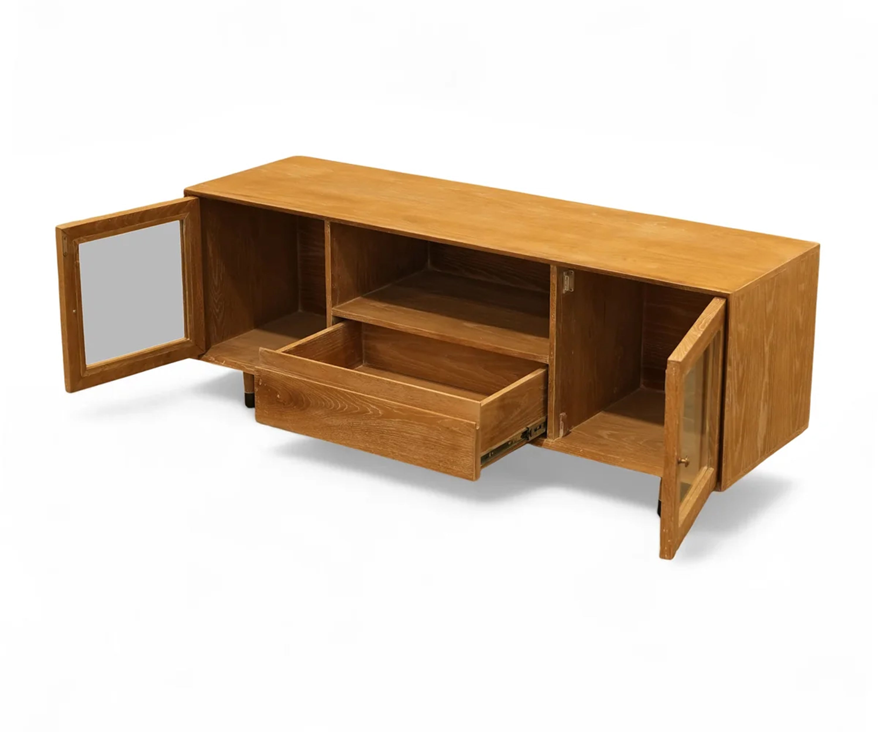 Mid-Century Oak TV Unit with Glass Cabinets and Storage Drawer