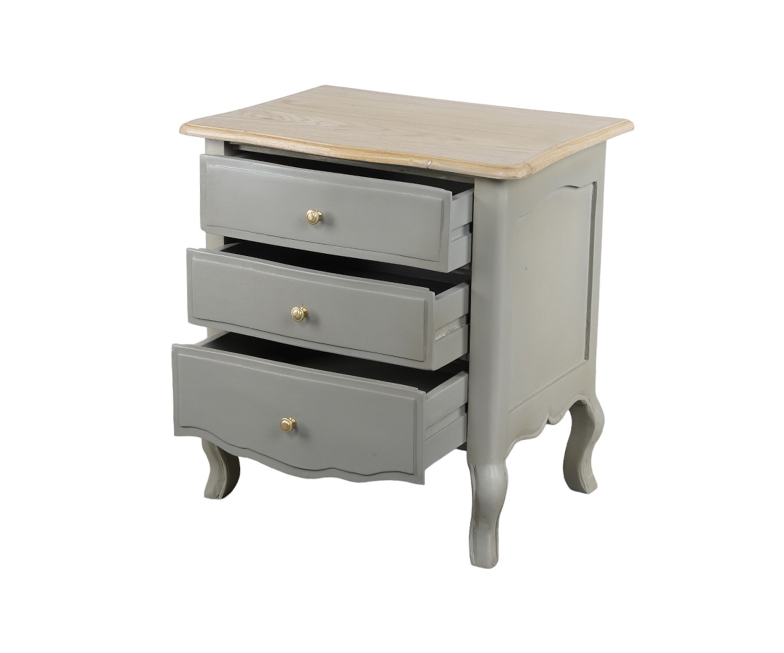 Grey French Style 3-Drawer Bedside Table with Natural Wooden Top