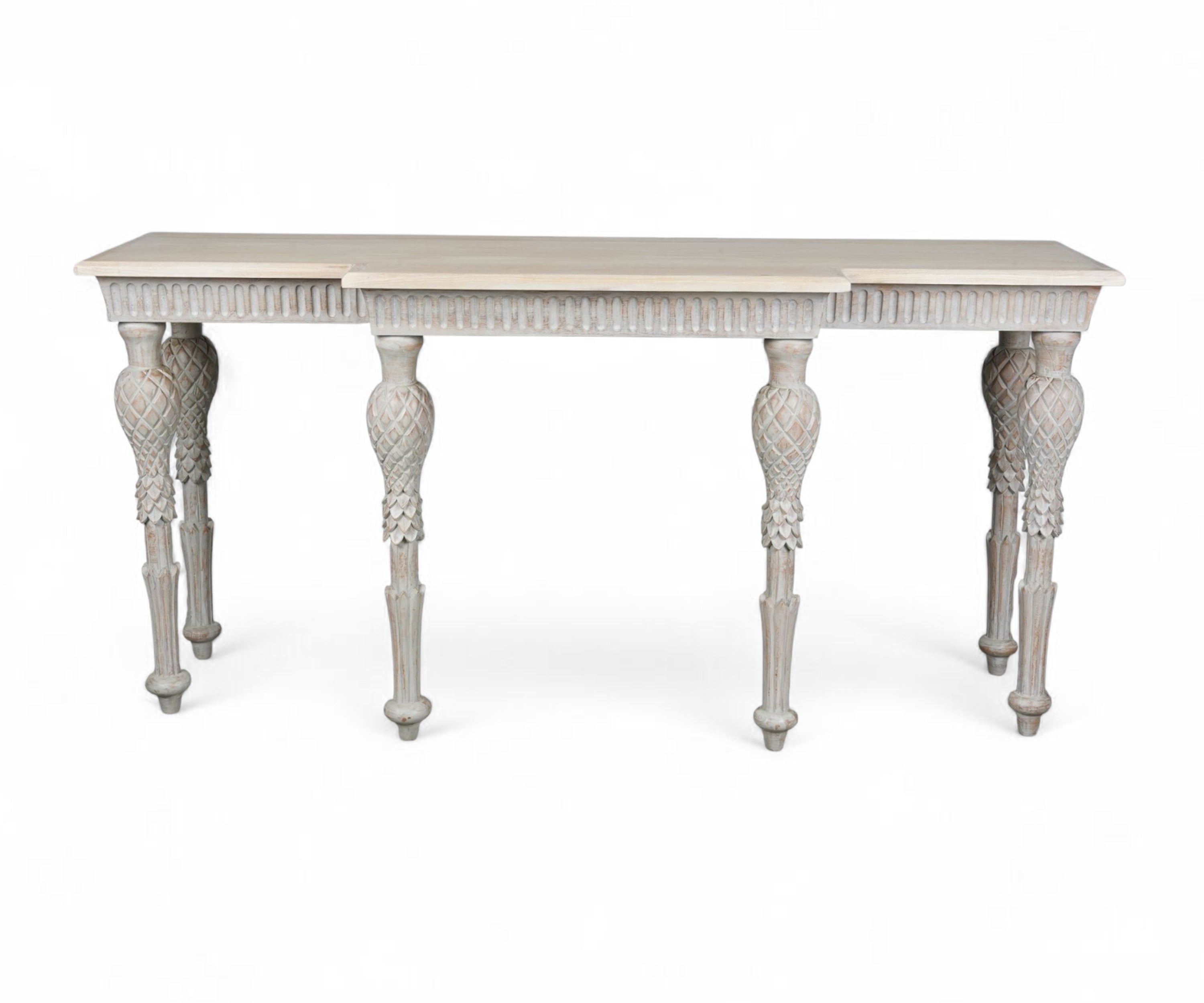 Distressed White French Style Carved Wooden Console Table