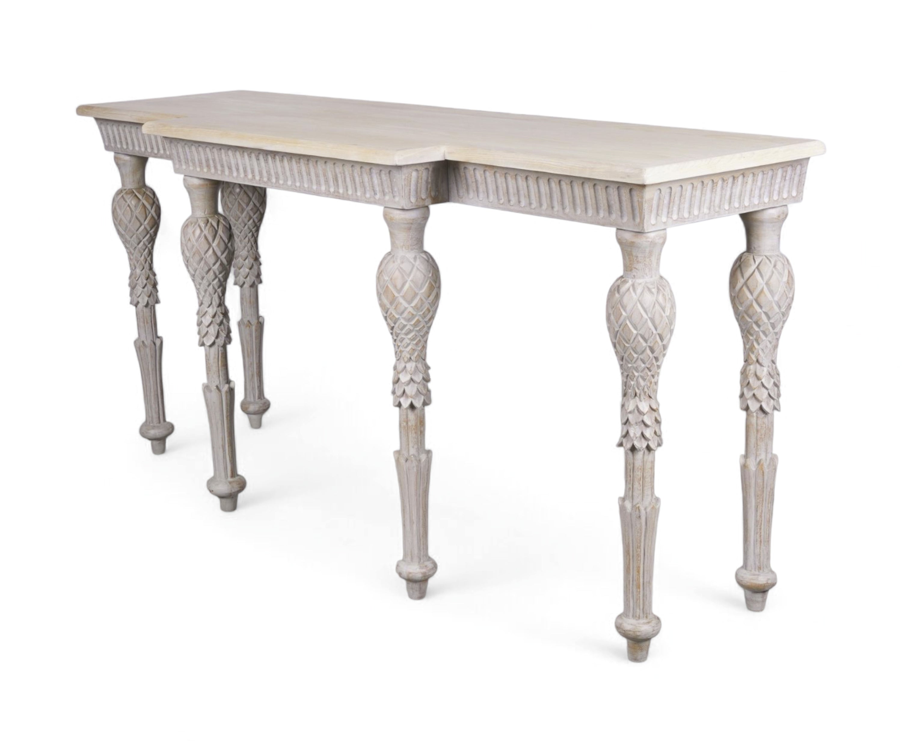 Distressed White French Style Carved Wooden Console Table
