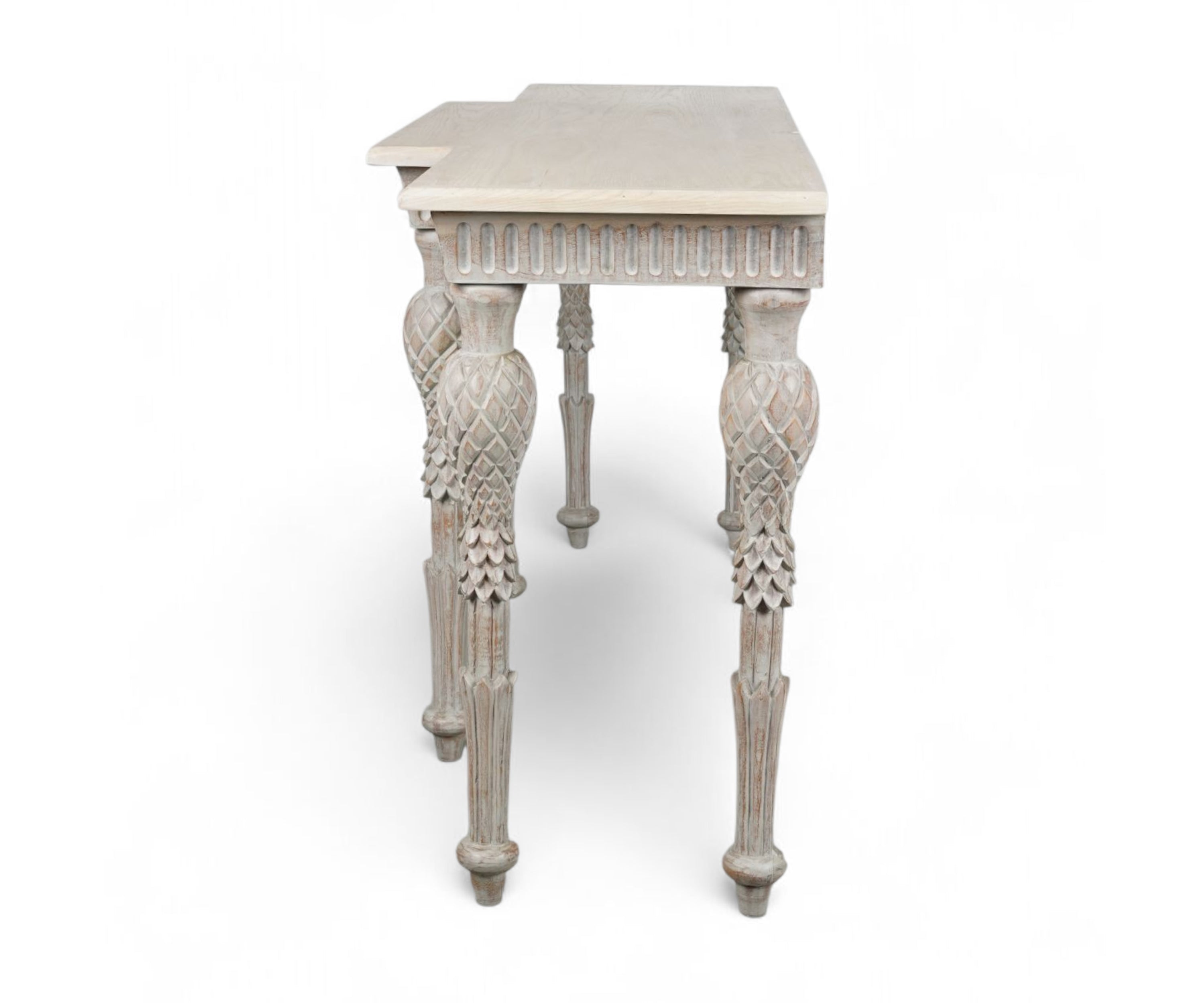 Distressed White French Style Carved Wooden Console Table