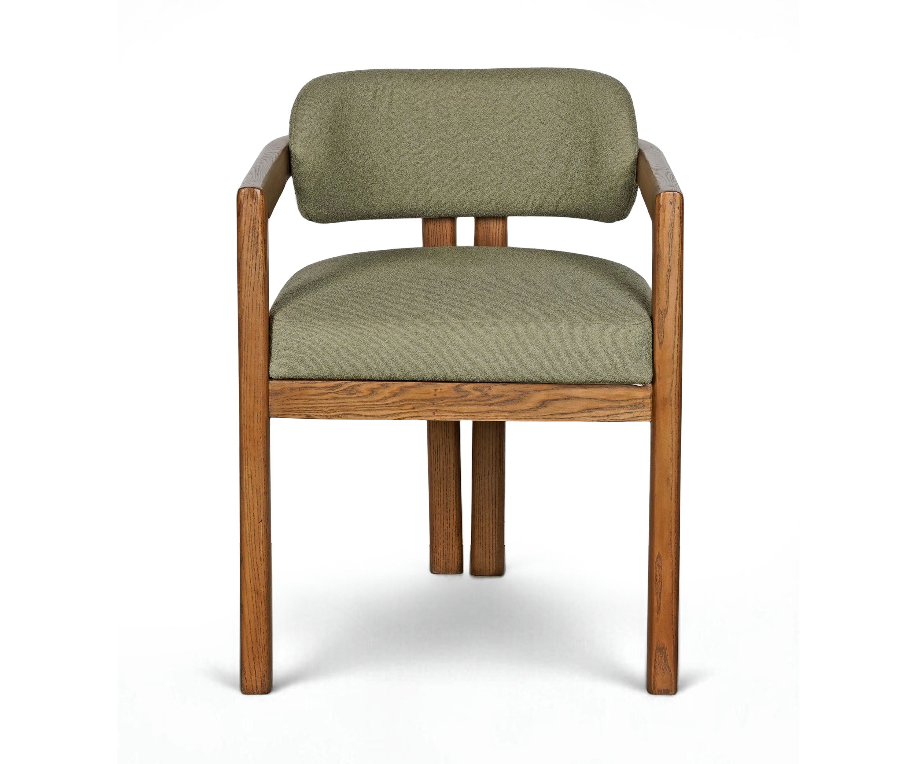 Mid-Century Olive Green Boucle Acacia Wood Dining Armchair