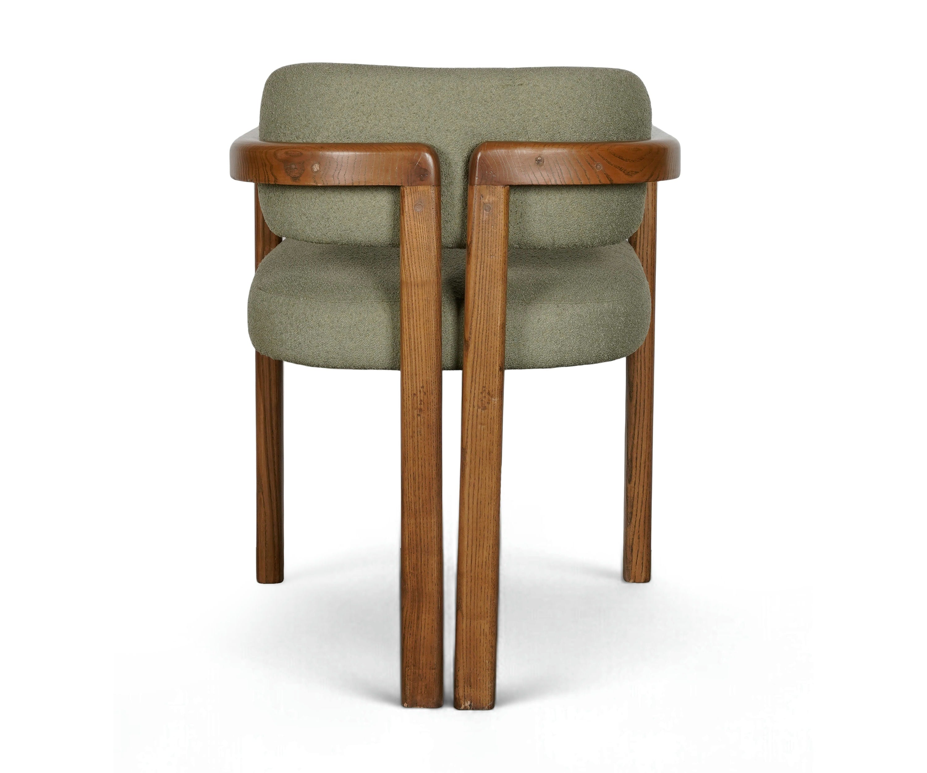 Mid-Century Olive Green Boucle Acacia Wood Dining Armchair