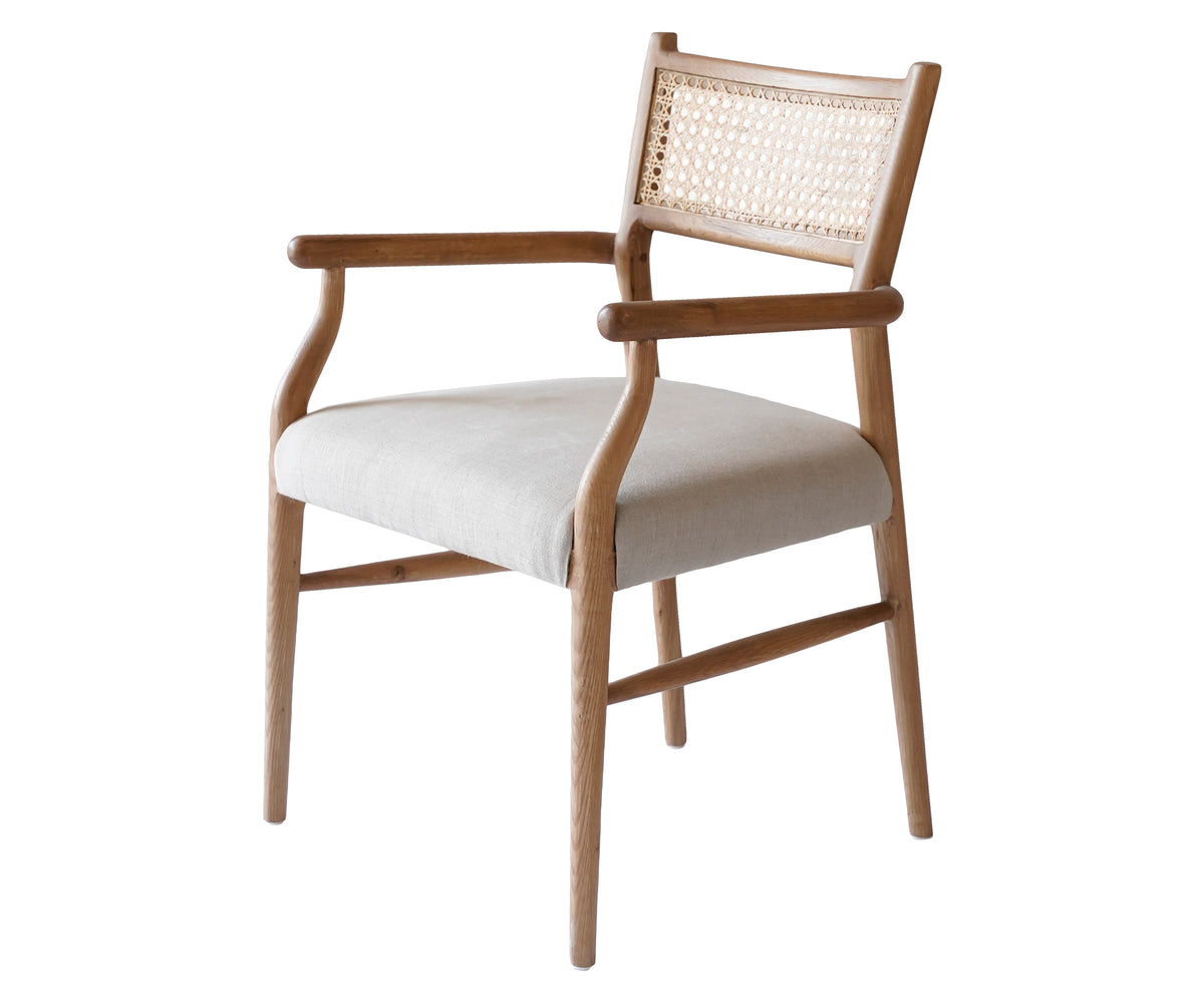 Rattan Back Upholstered Arm Chair with Solid Wood Frame