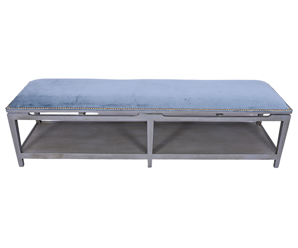 Grey Velvet Bench with Blue Upholstered Seat & Brass Nailhead Trim
