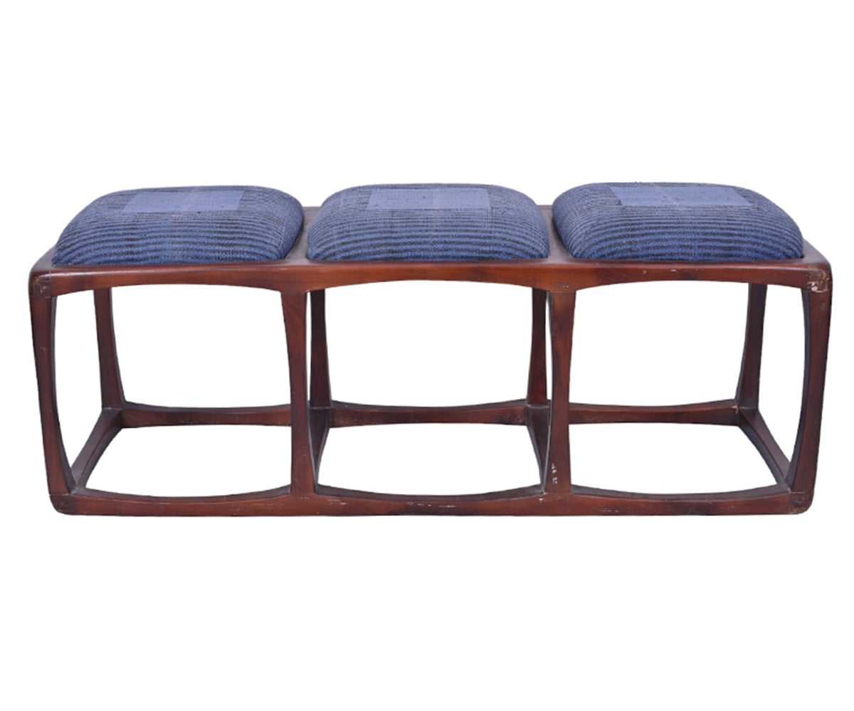 Mid-Century Wooden Bench with Three Blue Upholstered Seats