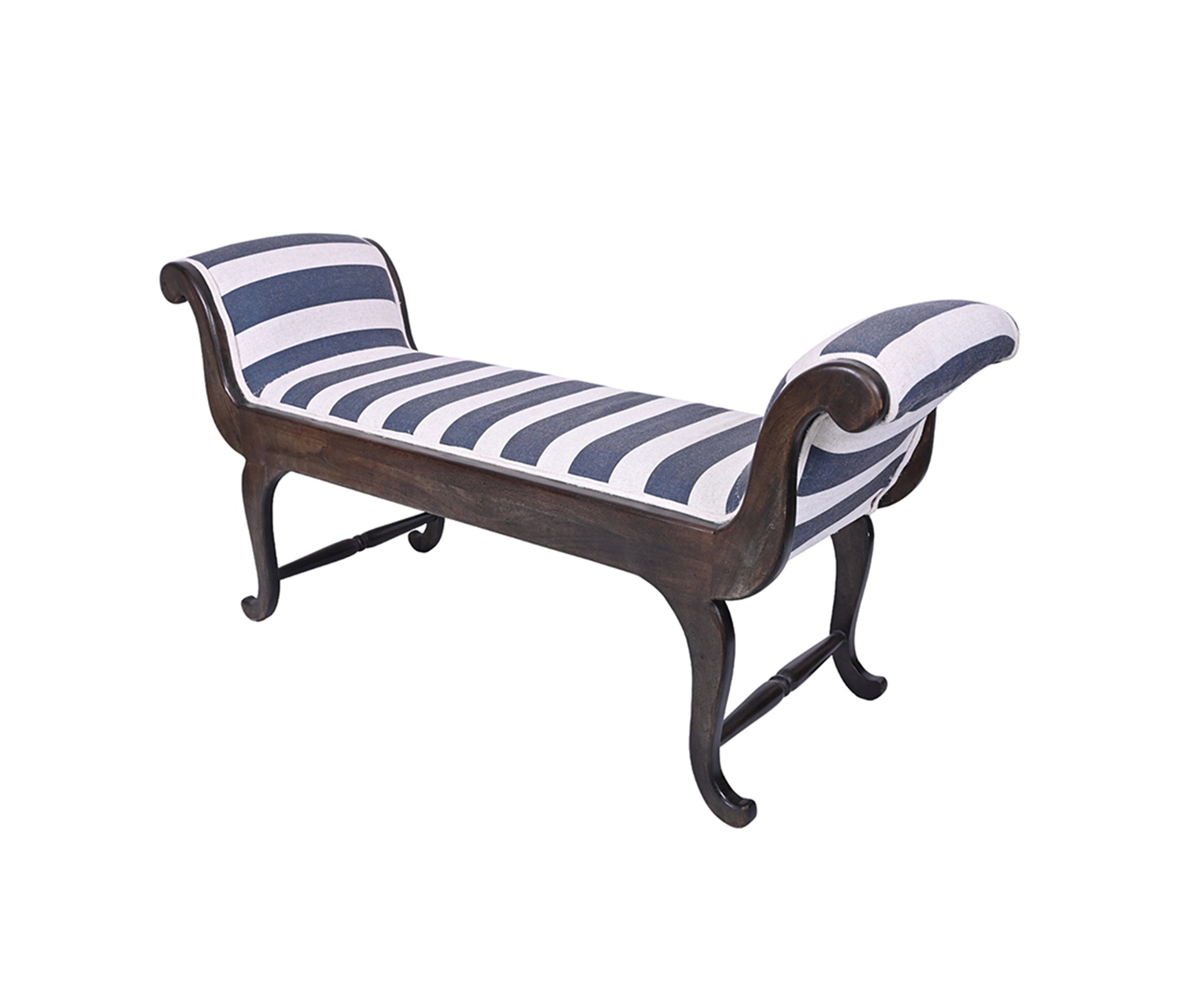 Blue Striped Cushioned Wooden Bench with Solid Wood Frame
