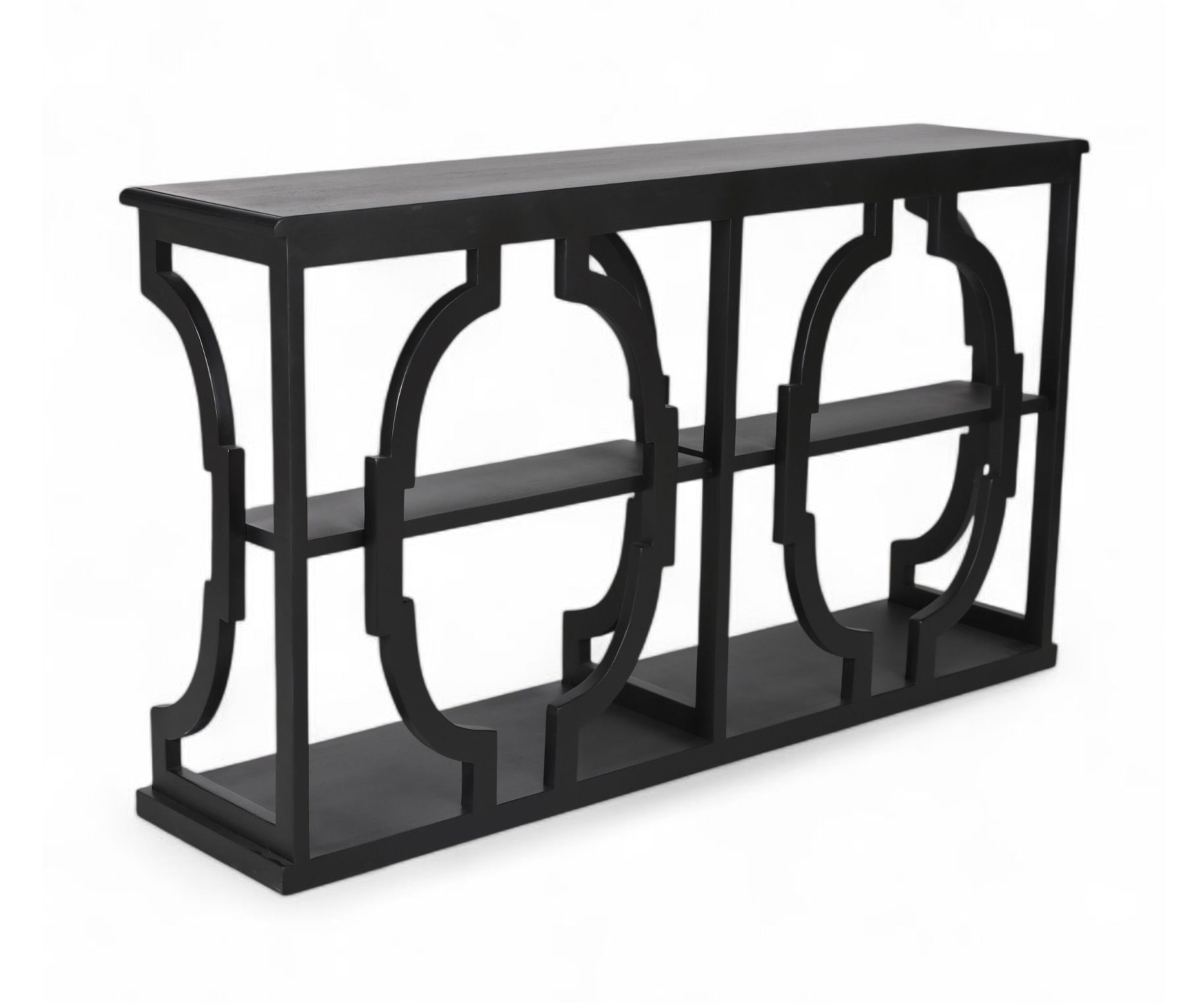 Black Architectural Console Table with Geometric Frame with Shelves