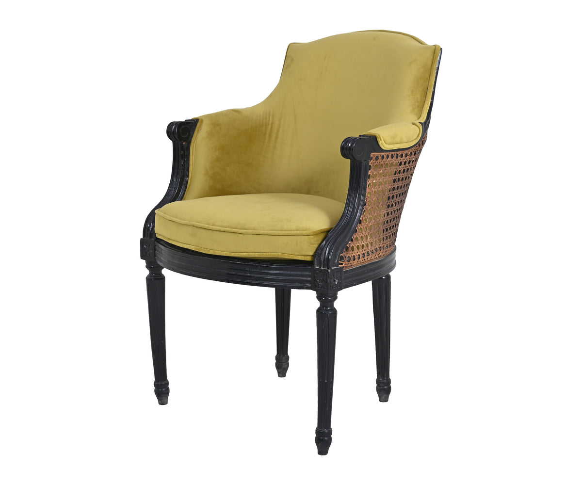 Velvet Cane Armchair with Upholstered Seat and Back