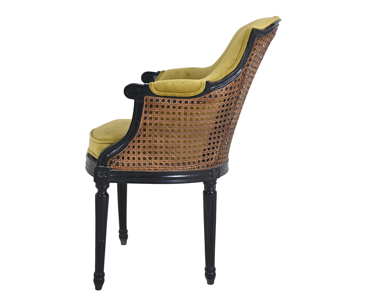Velvet Cane Armchair with Upholstered Seat and Back