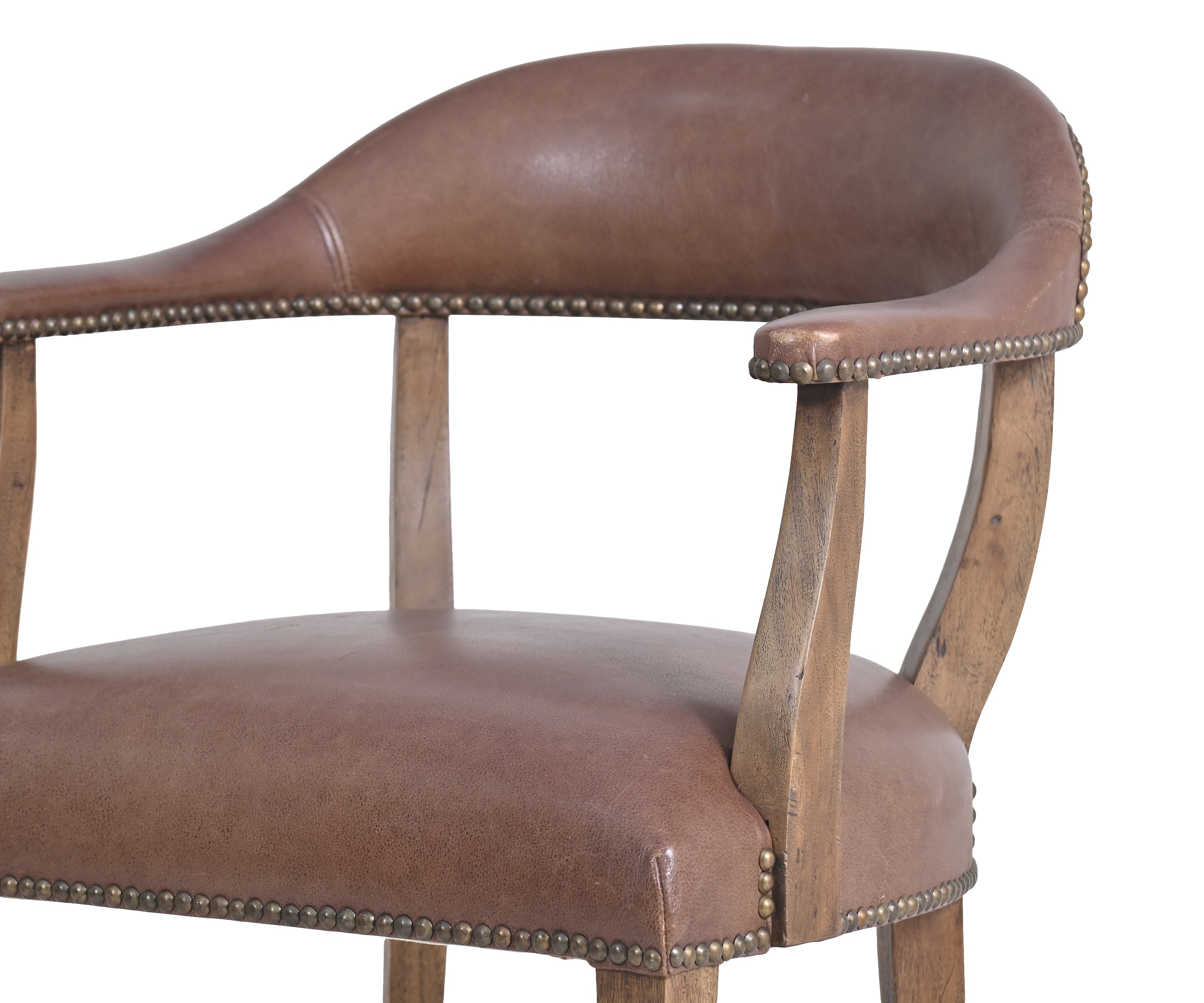 Brown Leather Armchair with Brass Nailhead Trim