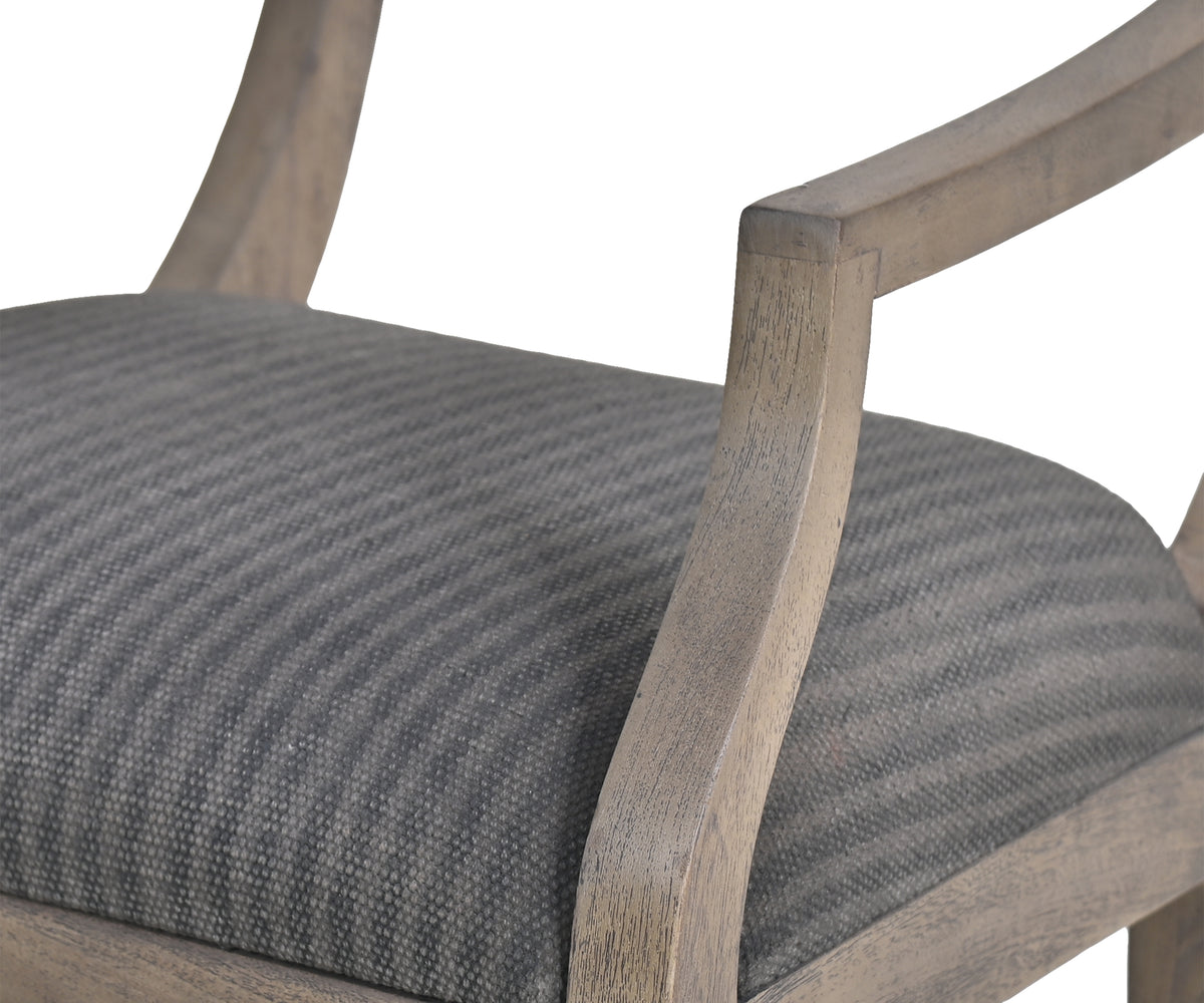 Striped Grey Wooden Arm Chair with Upholstered Seat