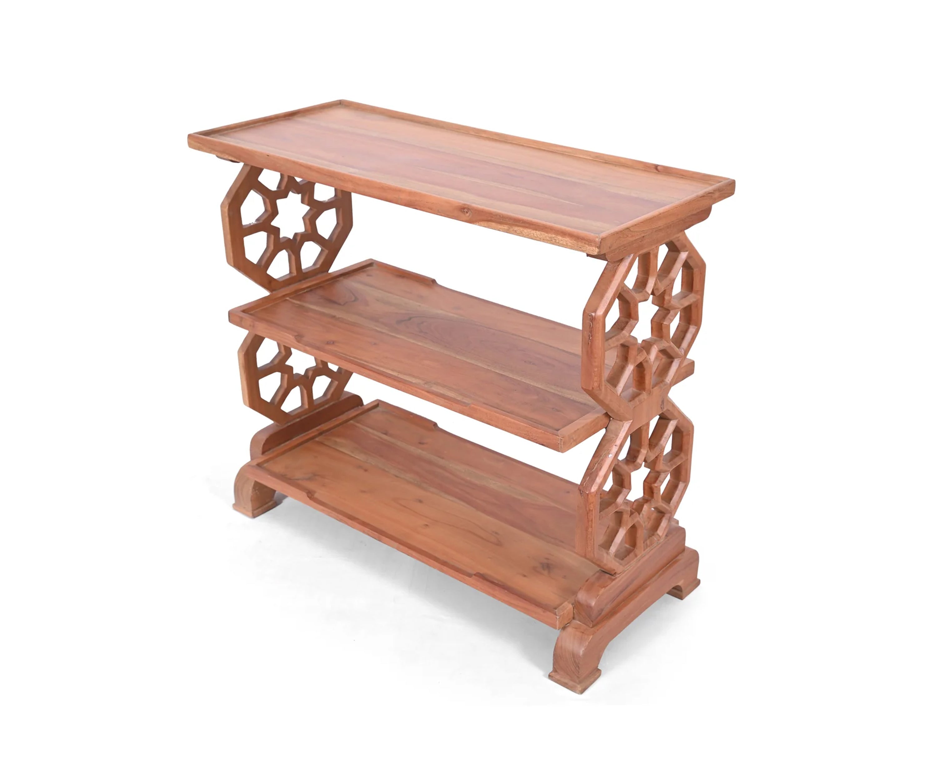Solid Wood 3 Tier Console Shelf with Carved Geometric Side Panels