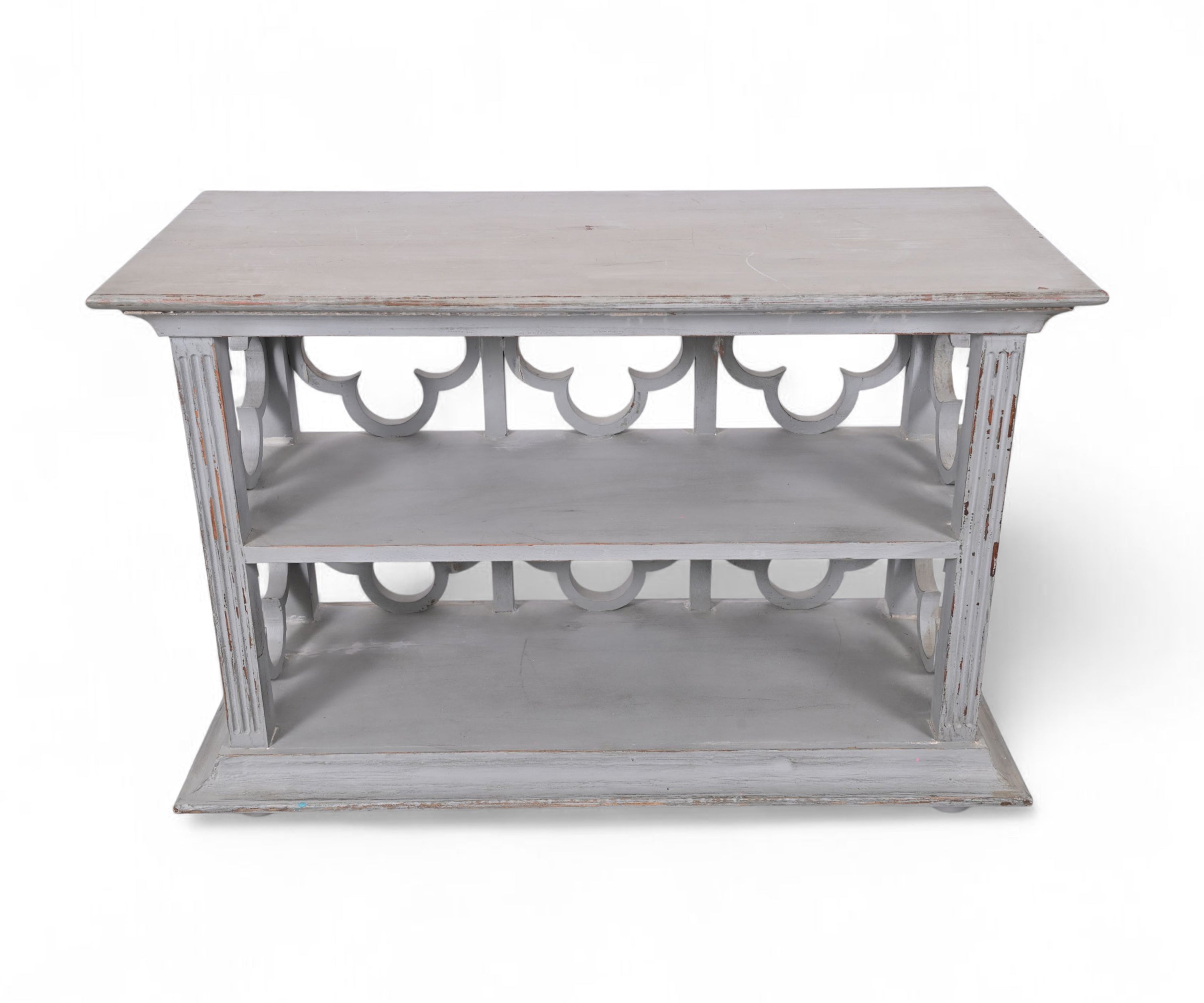 Distressed Grey Wooden Console Table with Decorative Fretwork and Open Shelves