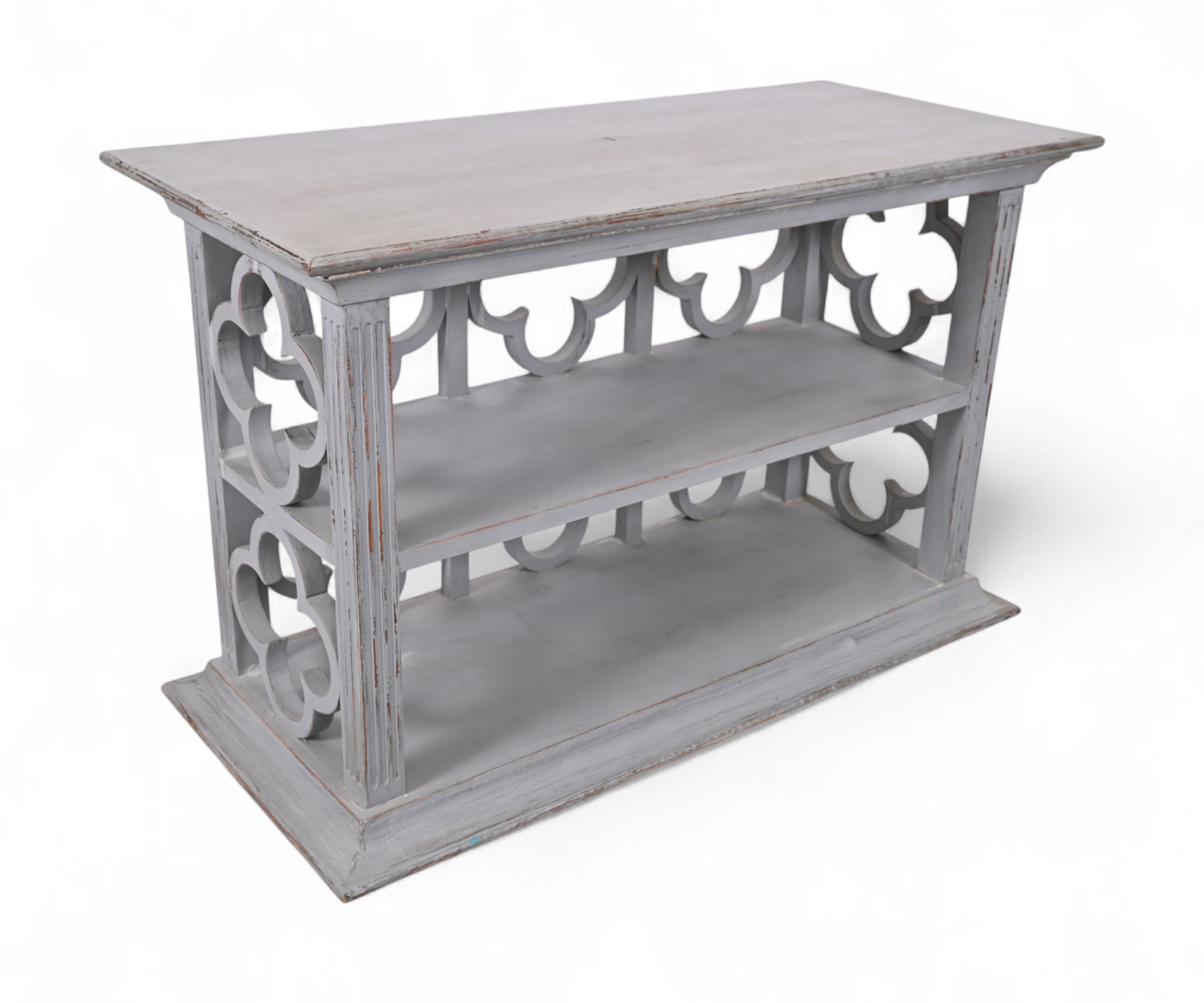 Distressed Grey Wooden Console Table with Decorative Fretwork and Open Shelves