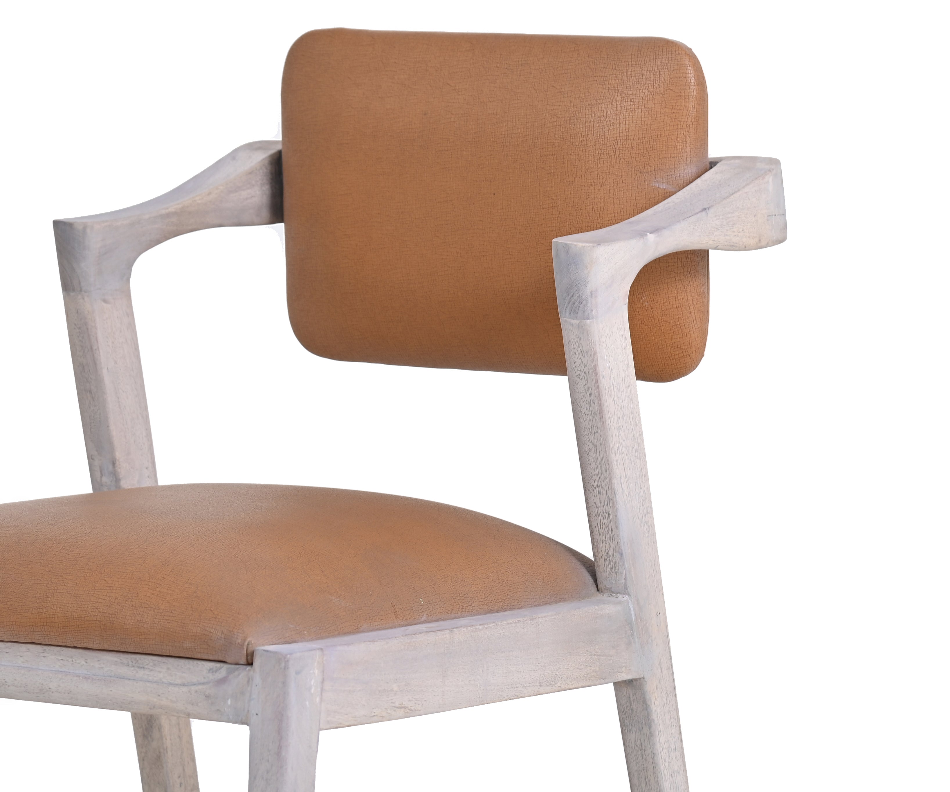 Distressed White Acacia Arm Dining Chair with Tan Leather Seat