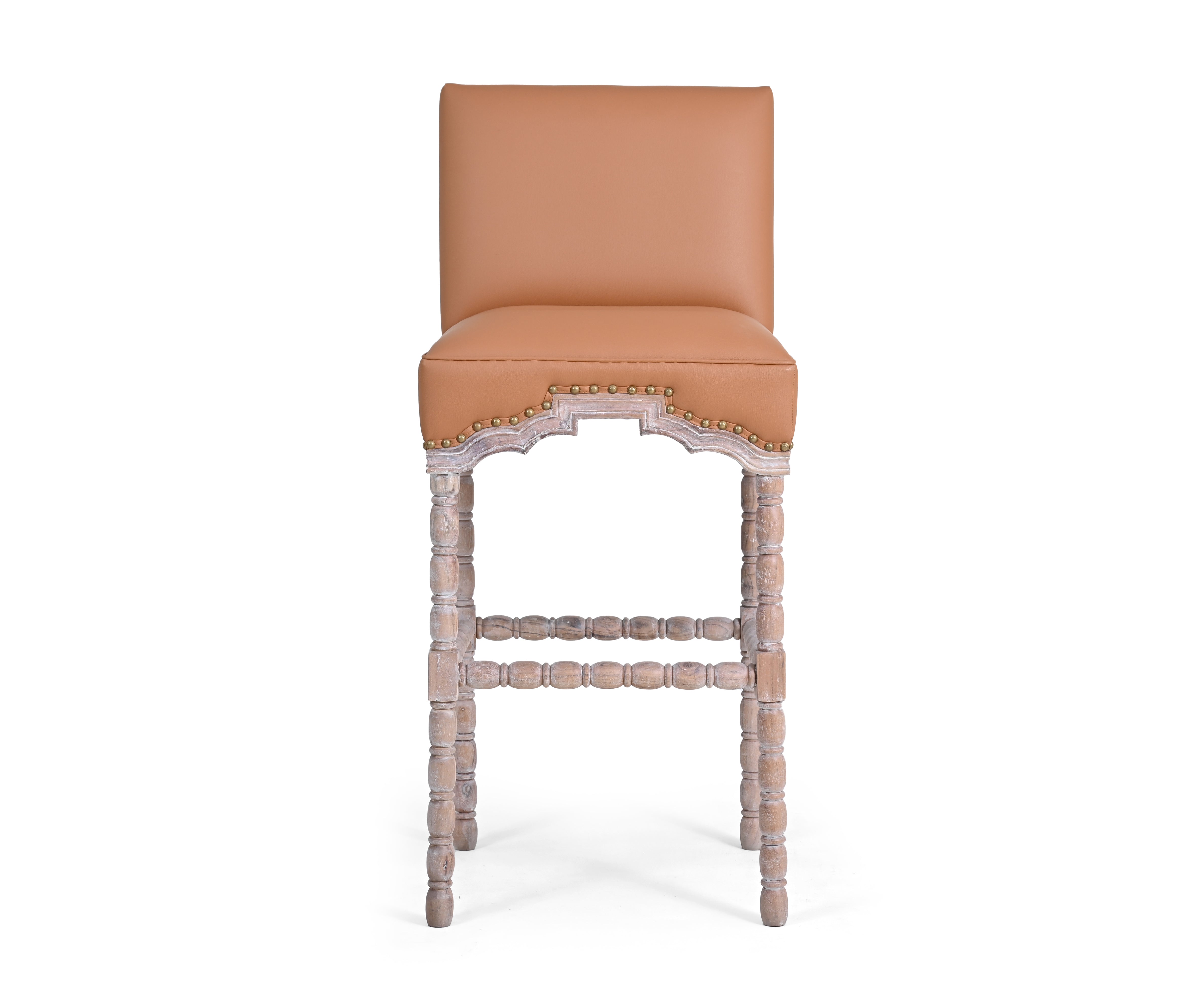 French Style Leather Bar Chair with Carved Wood Frame - Orange