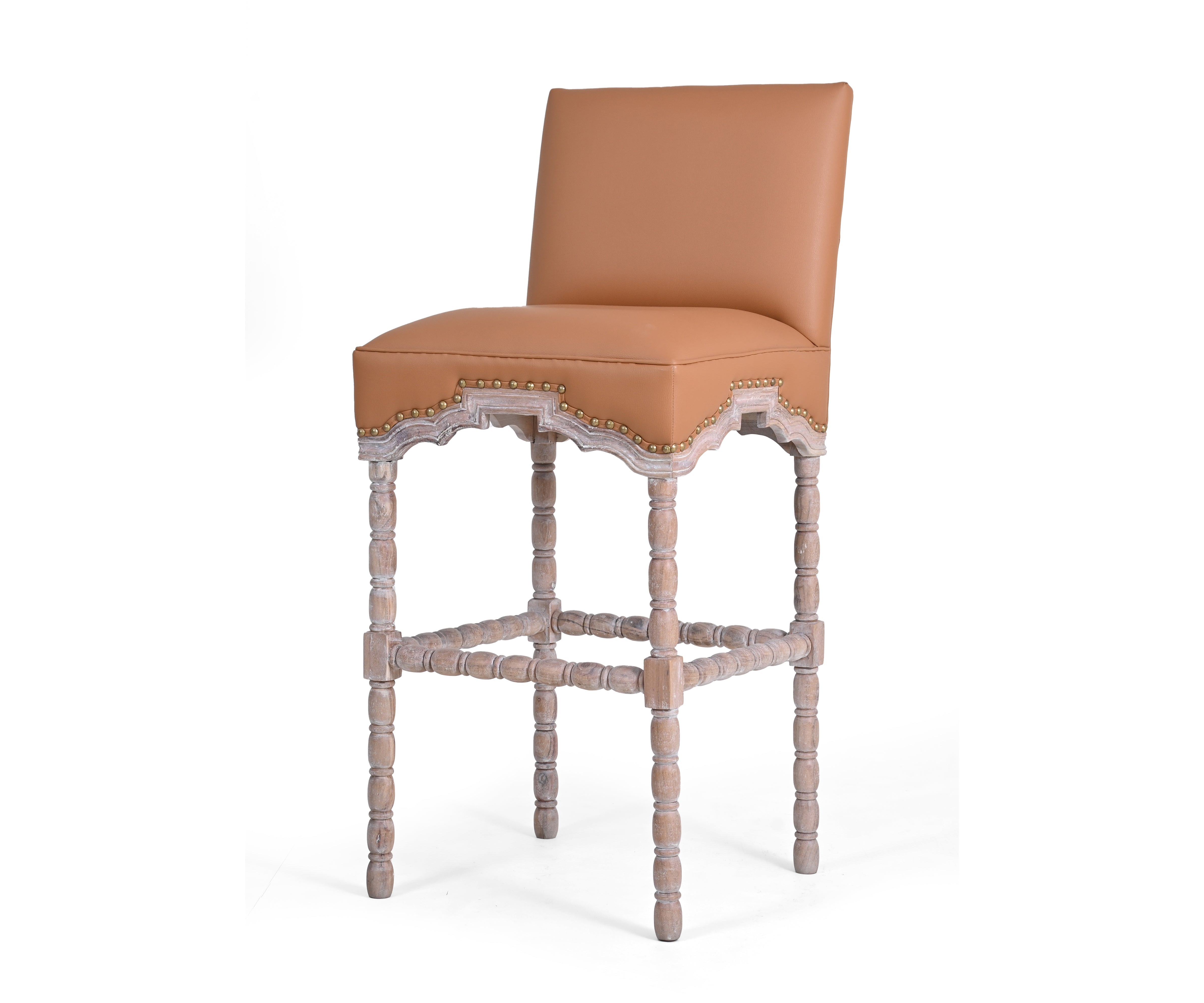 French Style Leather Bar Chair with Carved Wood Frame - Orange