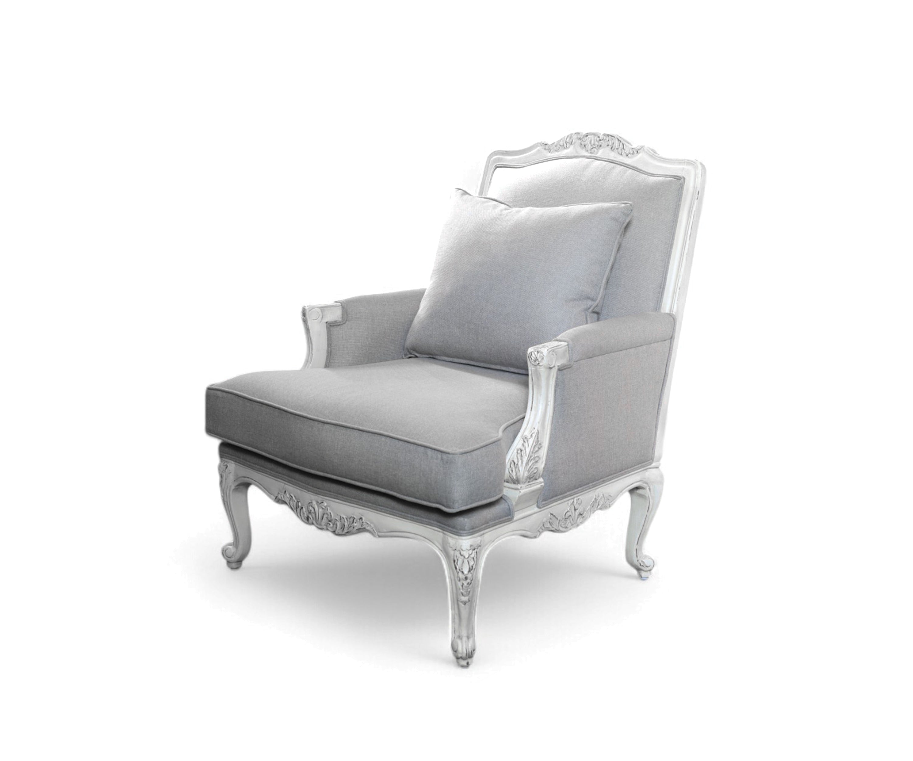 French Style Grey Armchair with Distressed White Frame