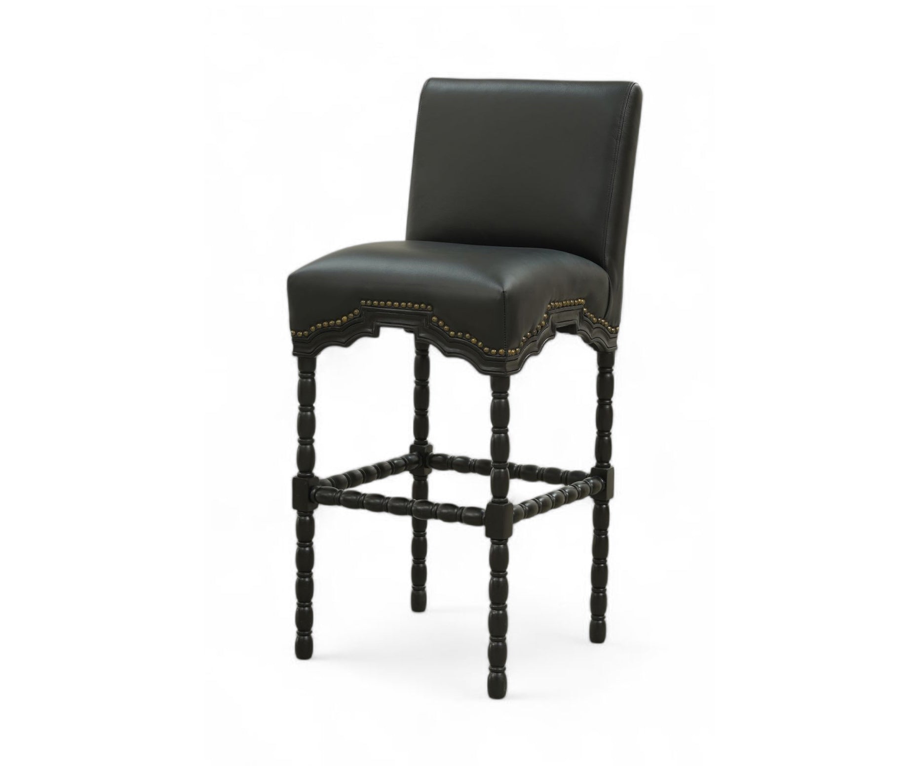 French Style Leather Bar Chair with Carved Wood Frame - Black