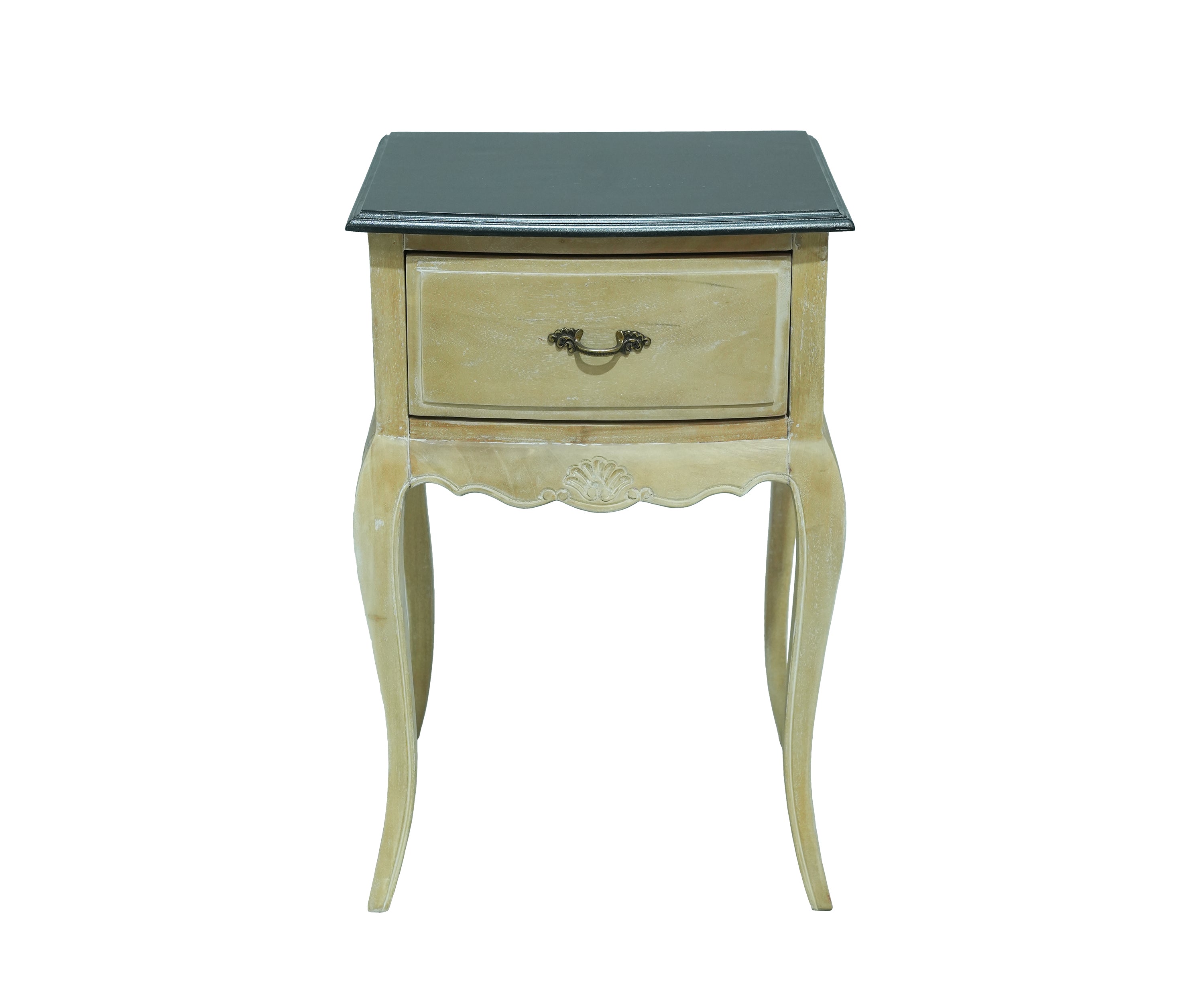 French Style Natural Wood Bedside Table with Black Top