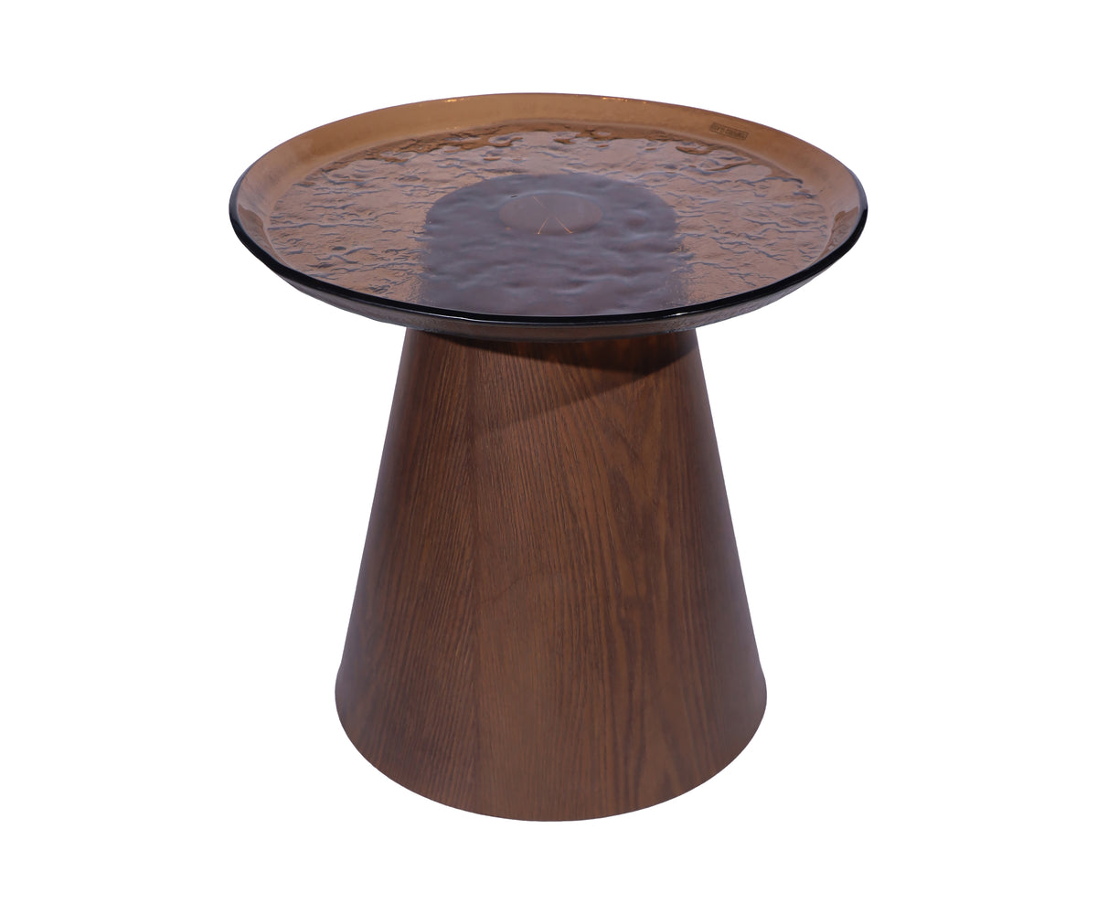 Amber Glass Side Table with Sculptural Brown Metal Base