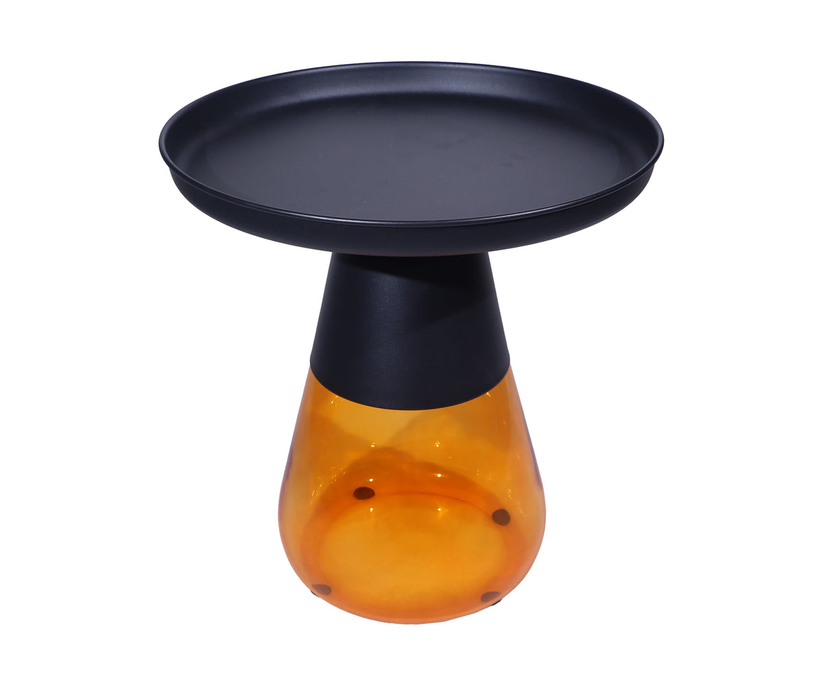 Minimalist Pedestal End Table with Black Tray and Amber Glass