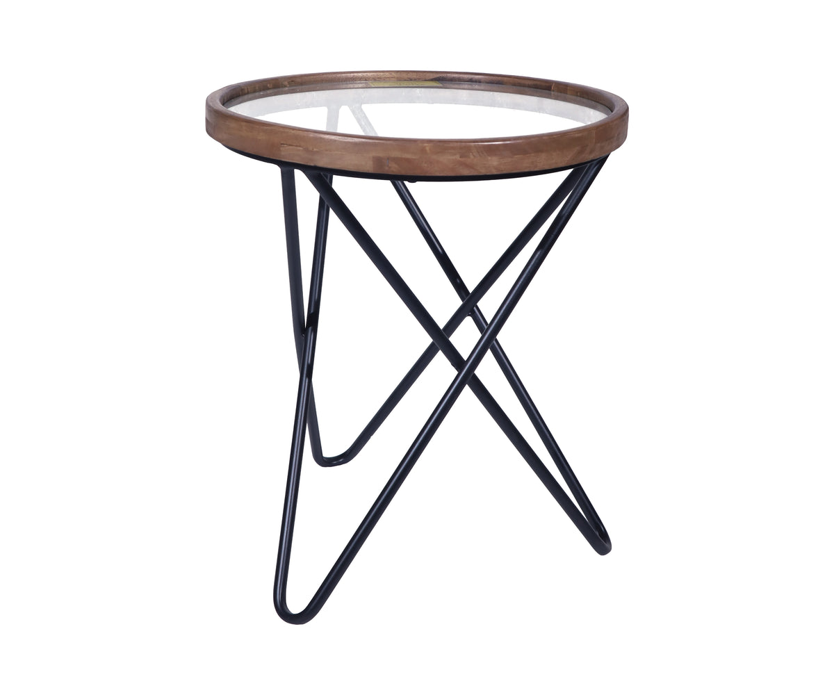 Compact Round Teak Side Table with Hairpin Metal Base
