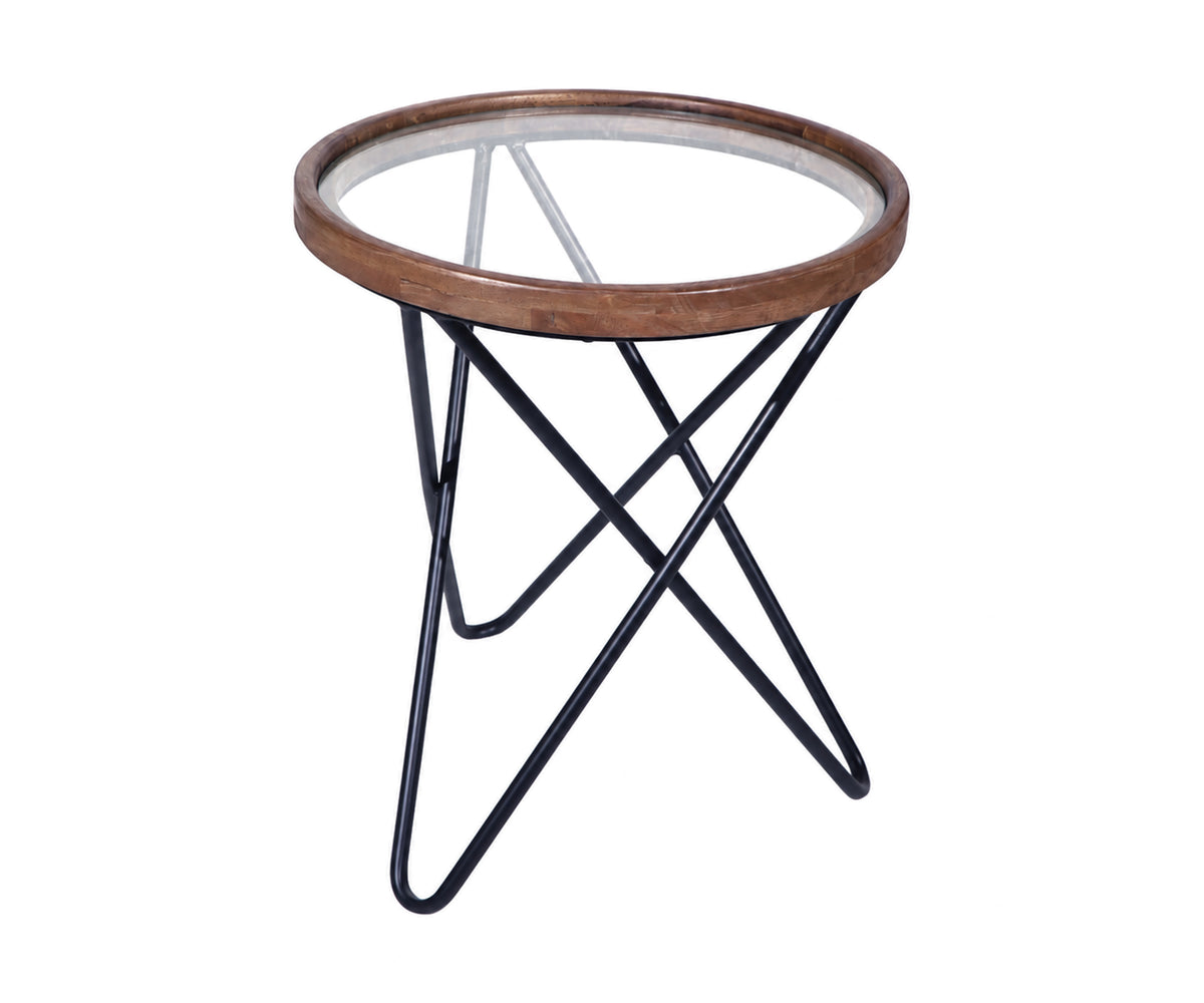 Compact Round Teak Side Table with Hairpin Metal Base