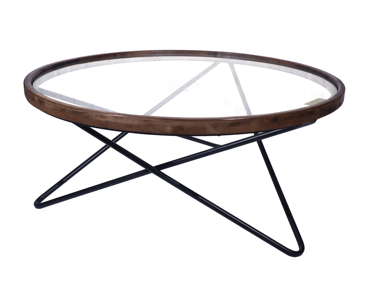Modern Round Glass Coffee Table with Interlocking Metal Base