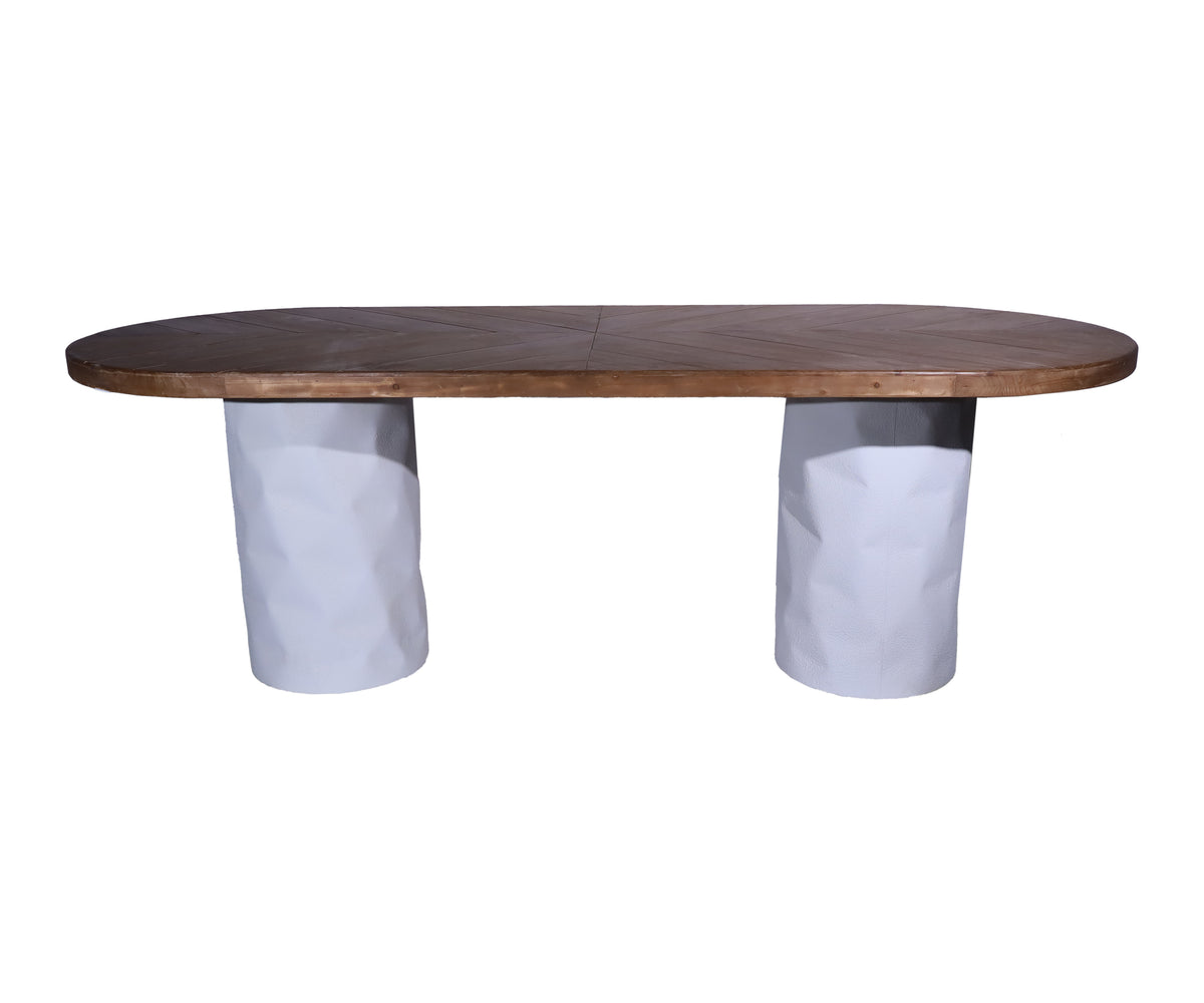 Dual Toned Oval Dining Table with Twin Sculptural Pedestal Base