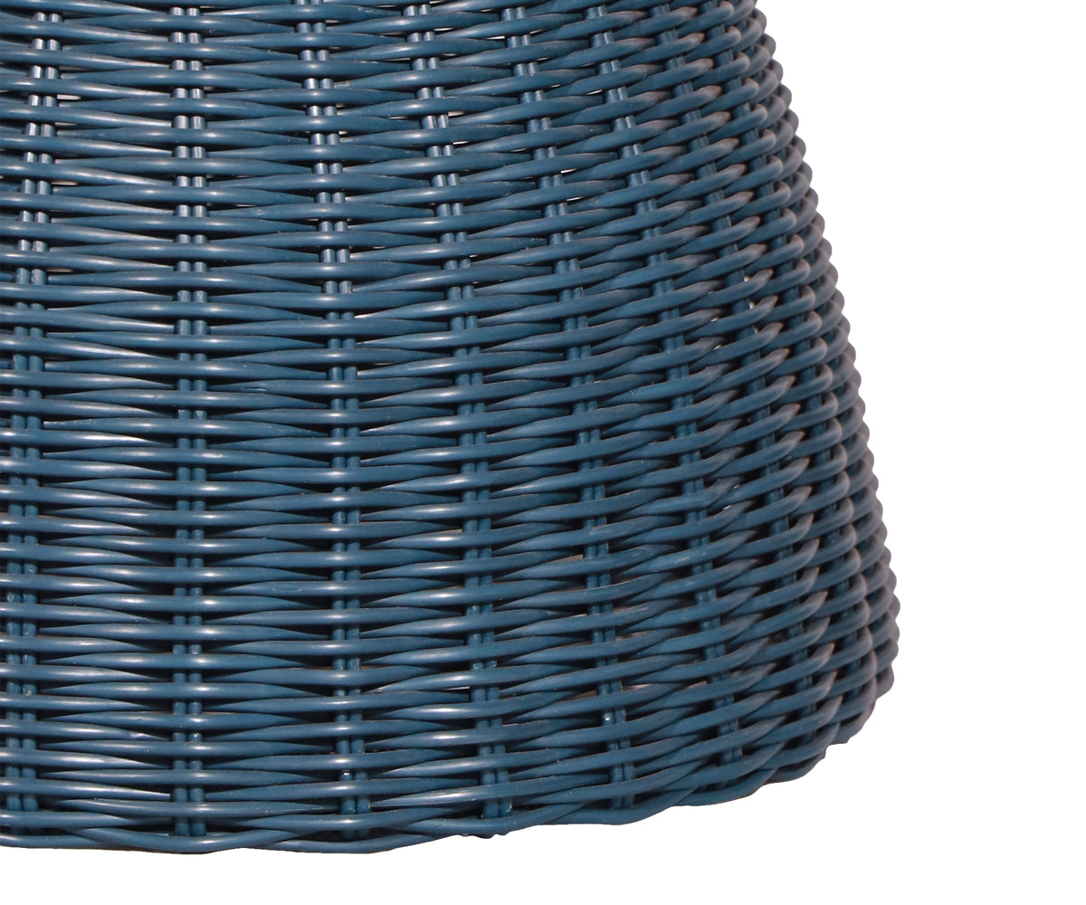 Teal Blue Hourglass Woven Outdoor Side Table with Sculptural Pedestal Base