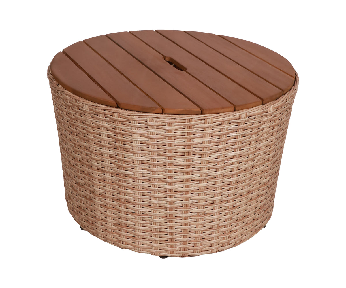 Barrel-Form Woven Outdoor Storage Coffee Table with Wood Slat Top