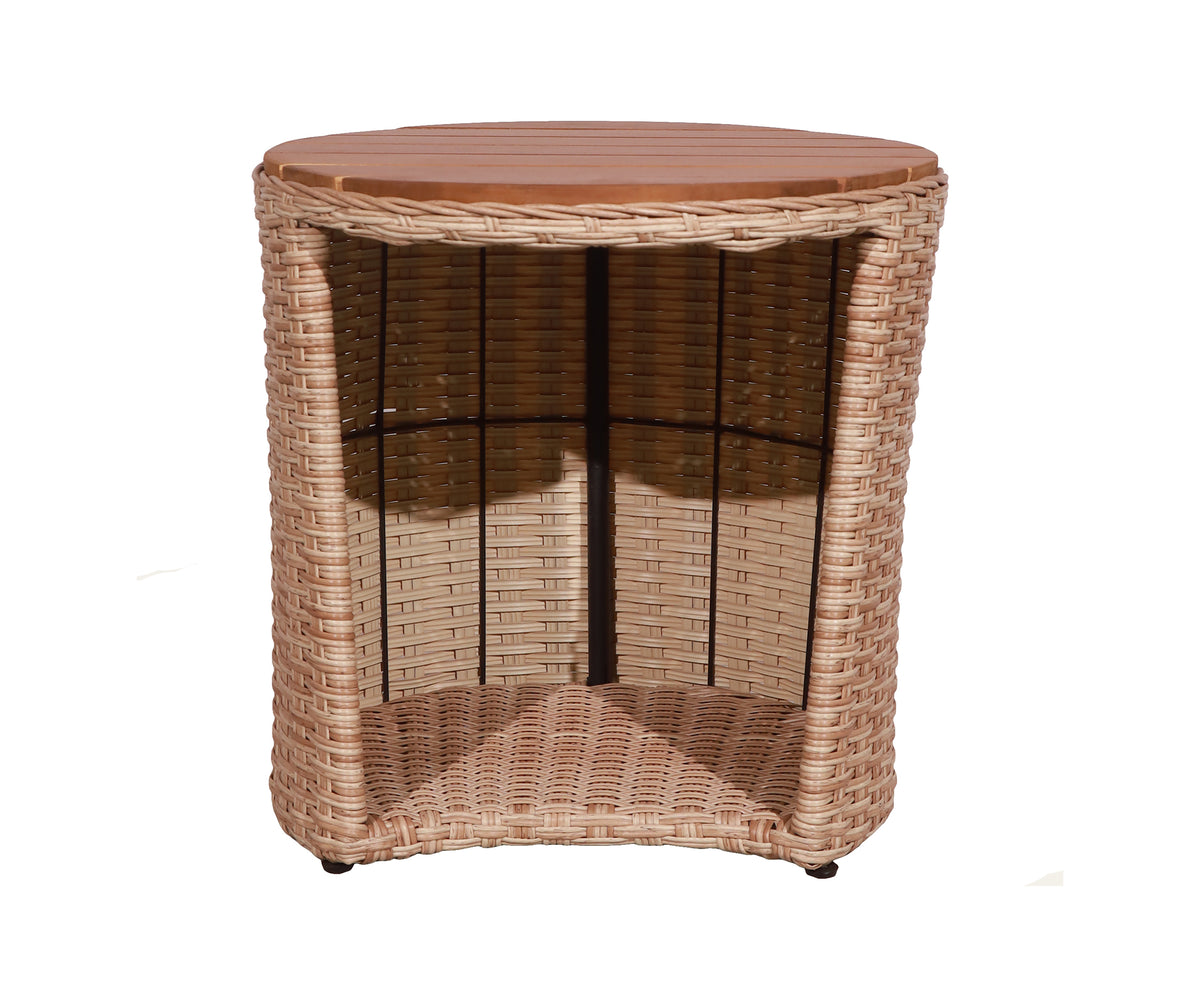 Barrel-Form Woven Outdoor Storage Coffee Table with Wood Slat Top