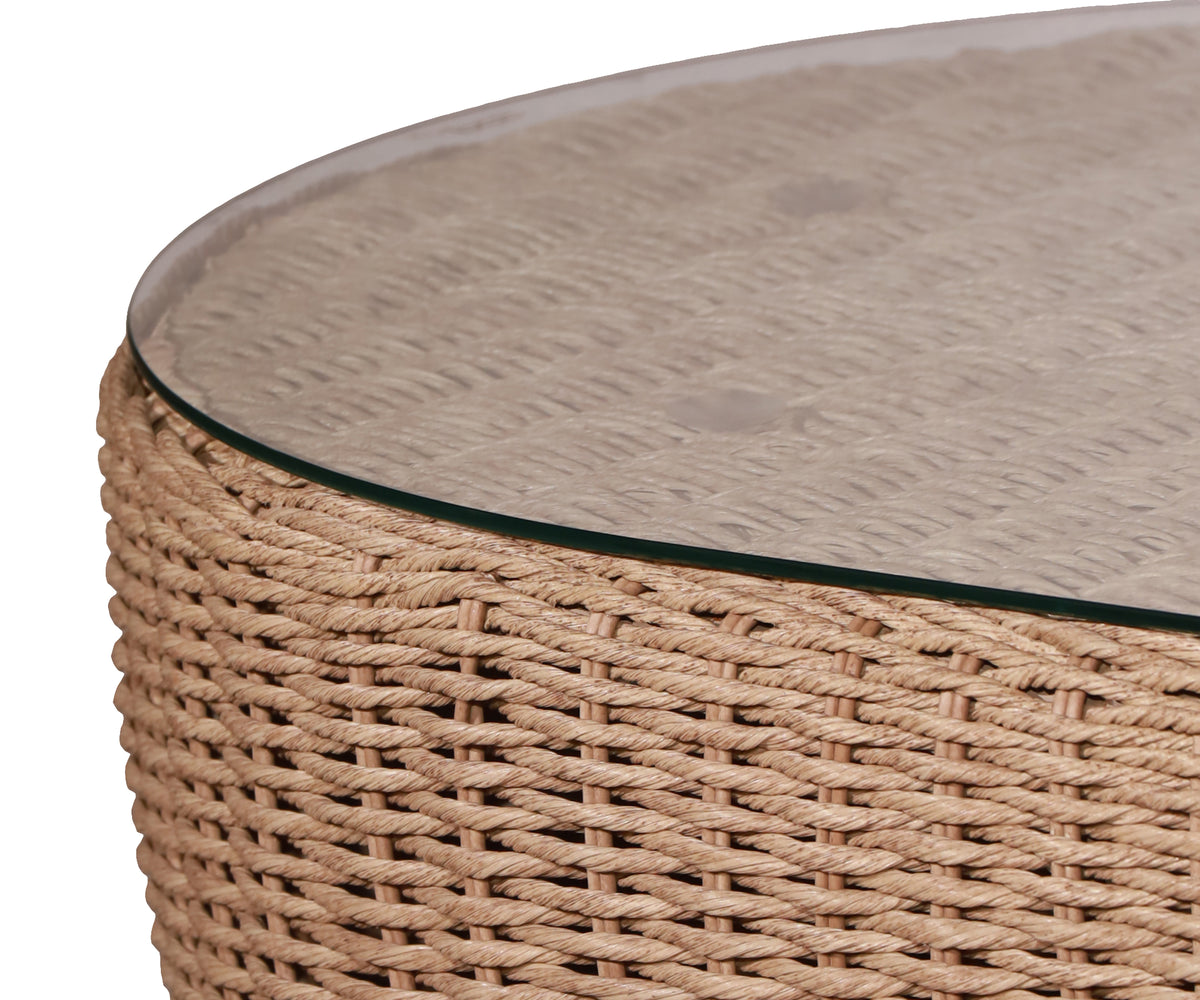 Brown Oval Woven Outdoor Coffee Table with Glass Top for Patios & Gardens