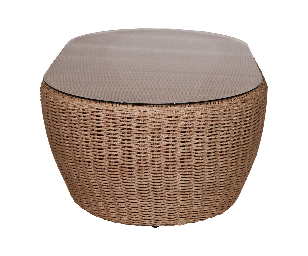 Brown Oval Woven Outdoor Coffee Table with Glass Top for Patios & Gardens