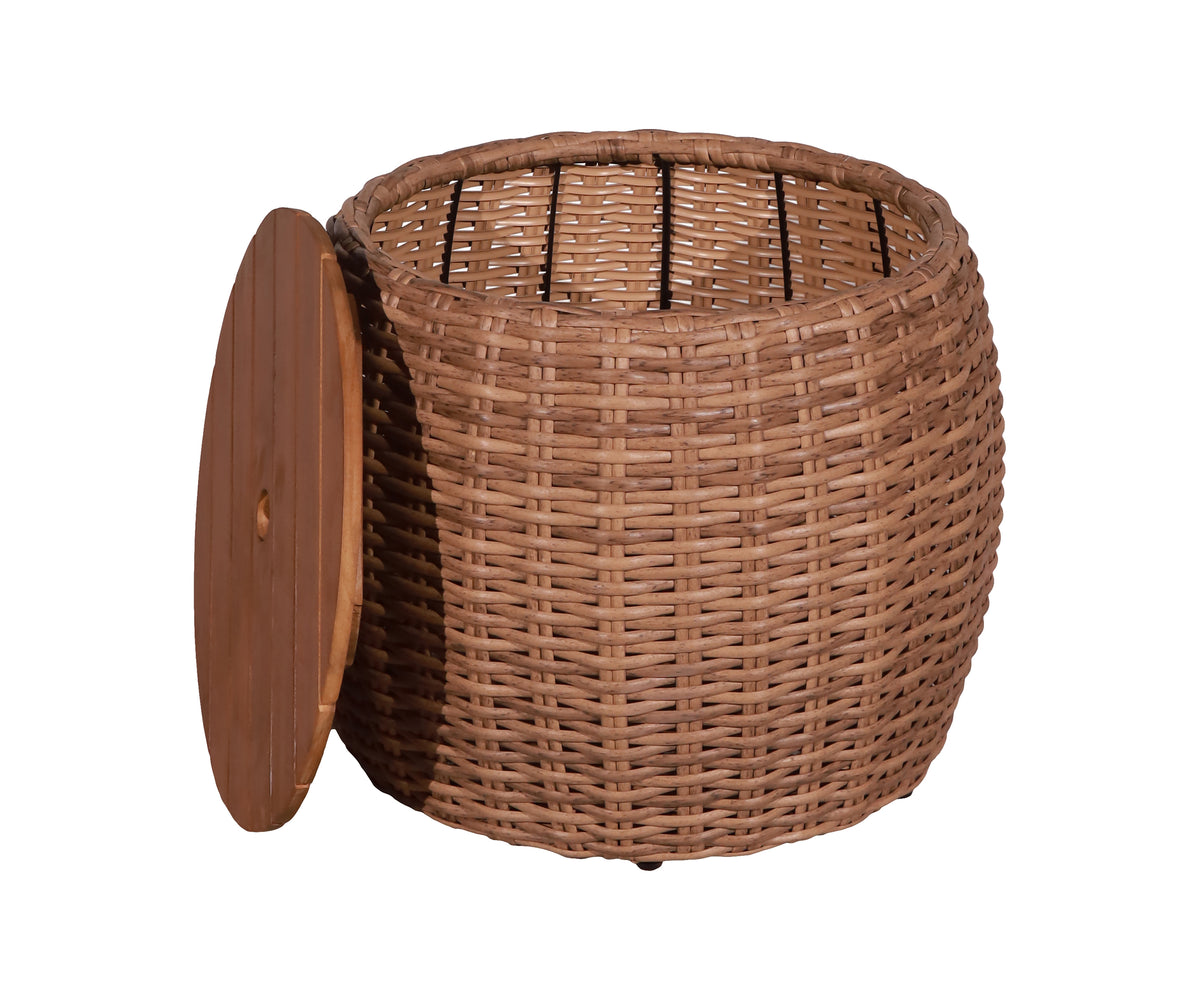 Round Woven Outdoor Coffee Table with Slatted Openable Wood Top