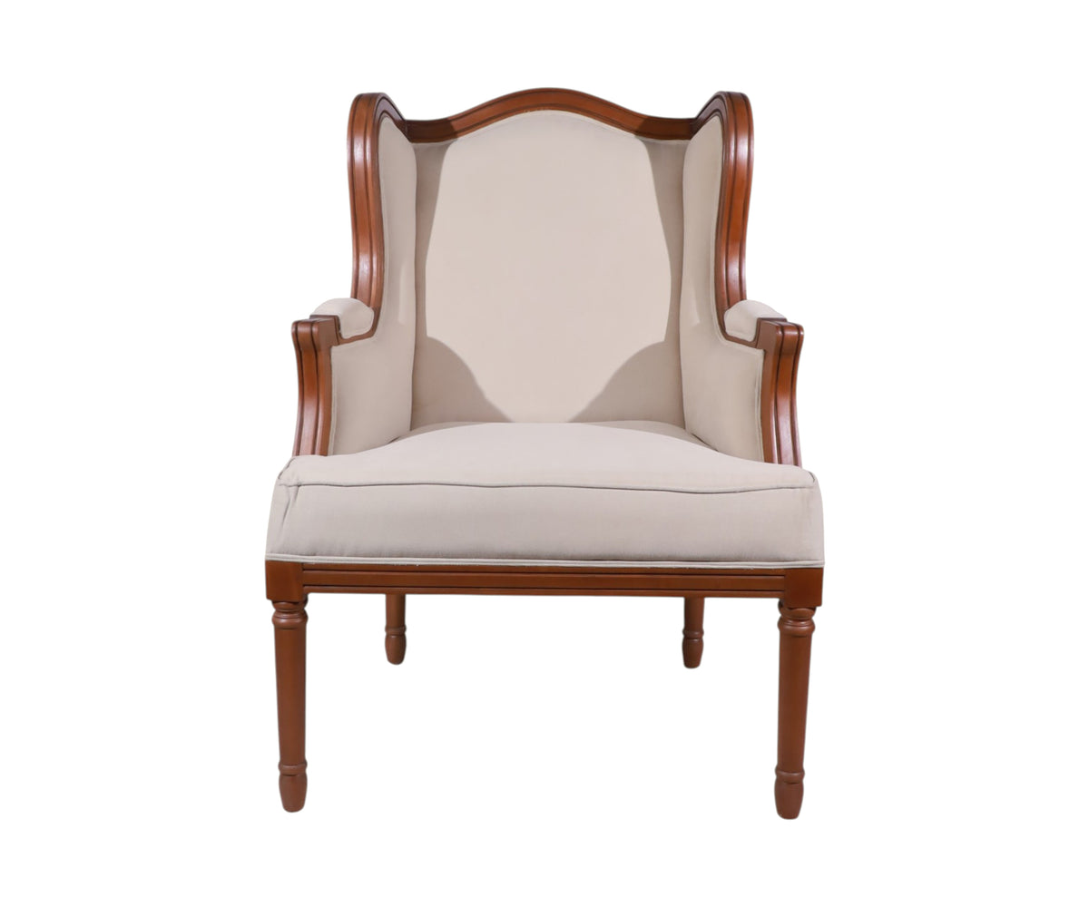 Beige Upholstered Wingback Arm Chair with Teak Wood Frame