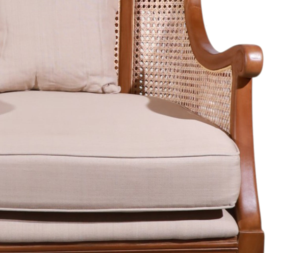 High-Back Woven Cane Arm Chair with Upholstered Seat