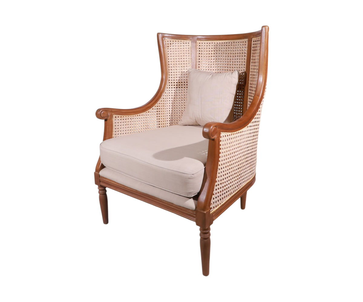 High-Back Woven Cane Arm Chair with Upholstered Seat