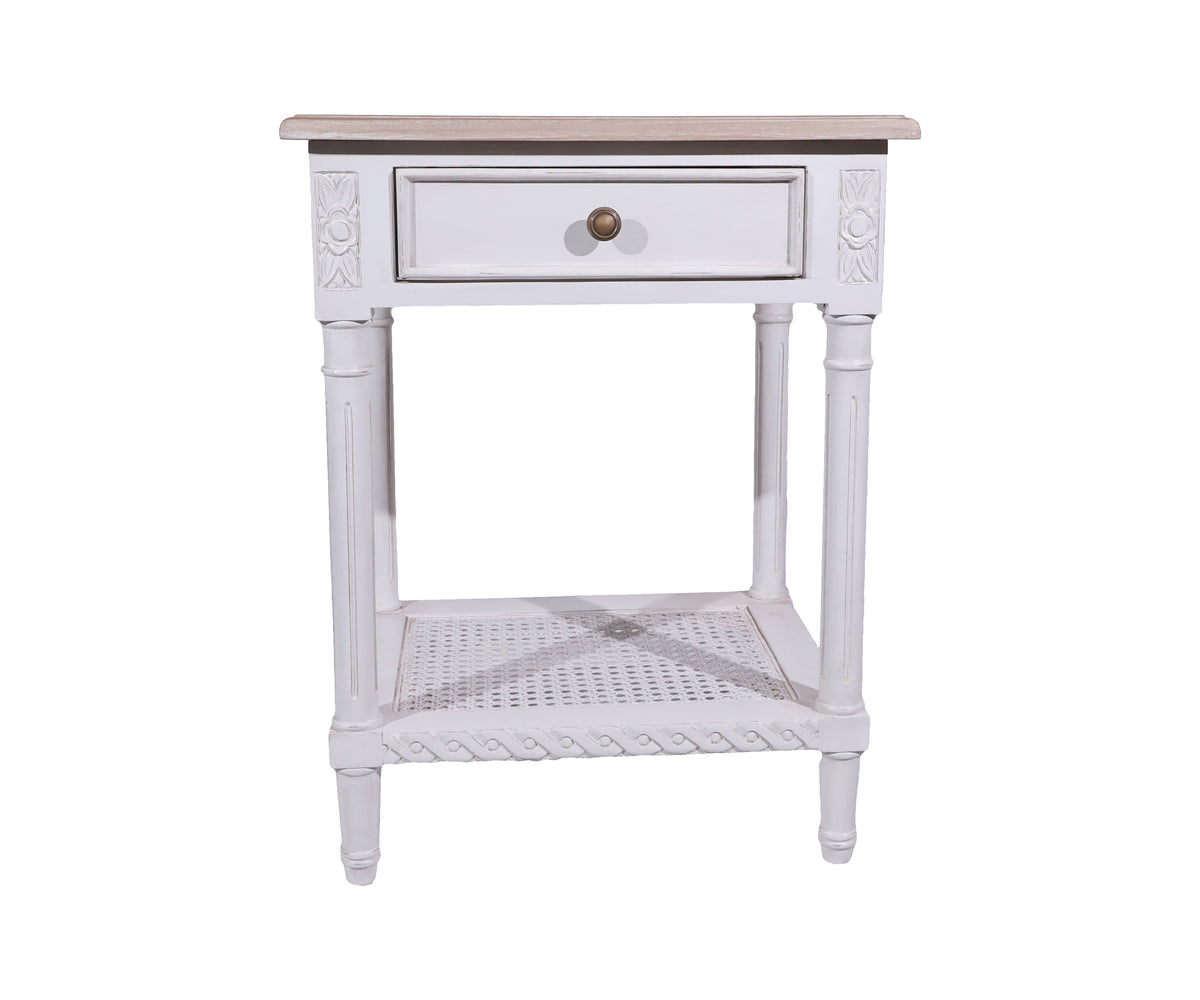 Dual Toned Cane Bedside Table with Drawer & Natural Wood Top