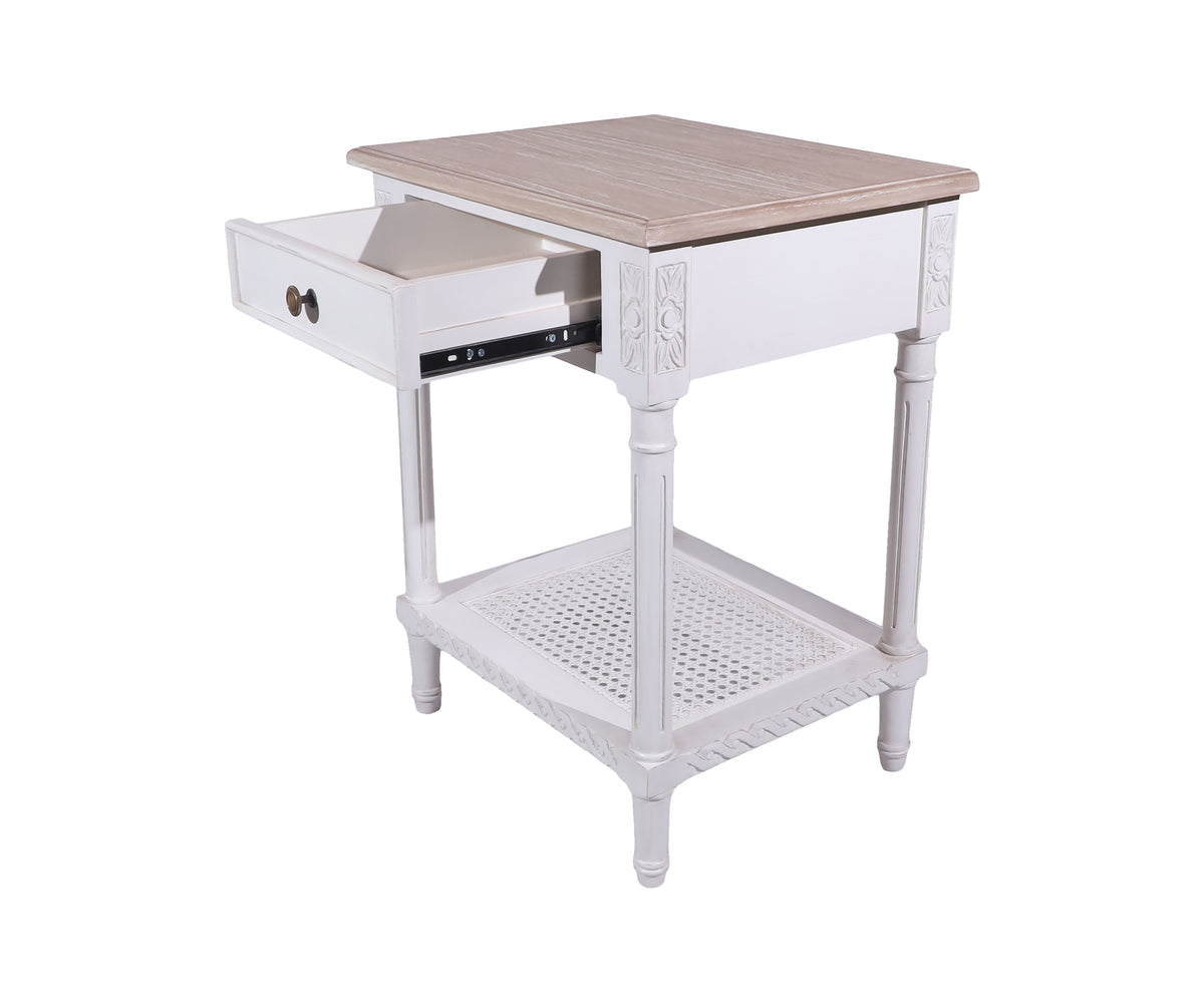 Dual Toned Cane Bedside Table with Drawer & Natural Wood Top