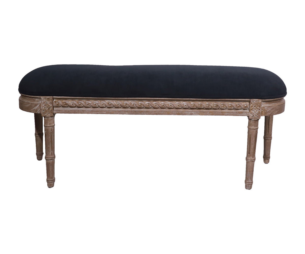 Gustavian Charcoal Upholstered Bench with Carved Teak Frame
