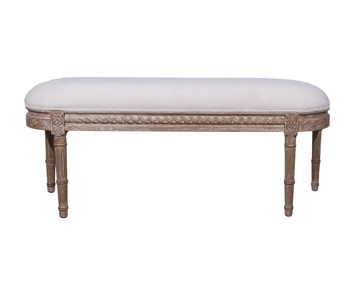 French Louis XVI Ivory Upholstered Bench with Fluted Legs