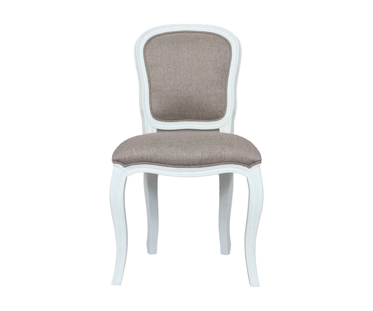 French Style Taupe Upholstered Dining Chair with White Cabriole Legs