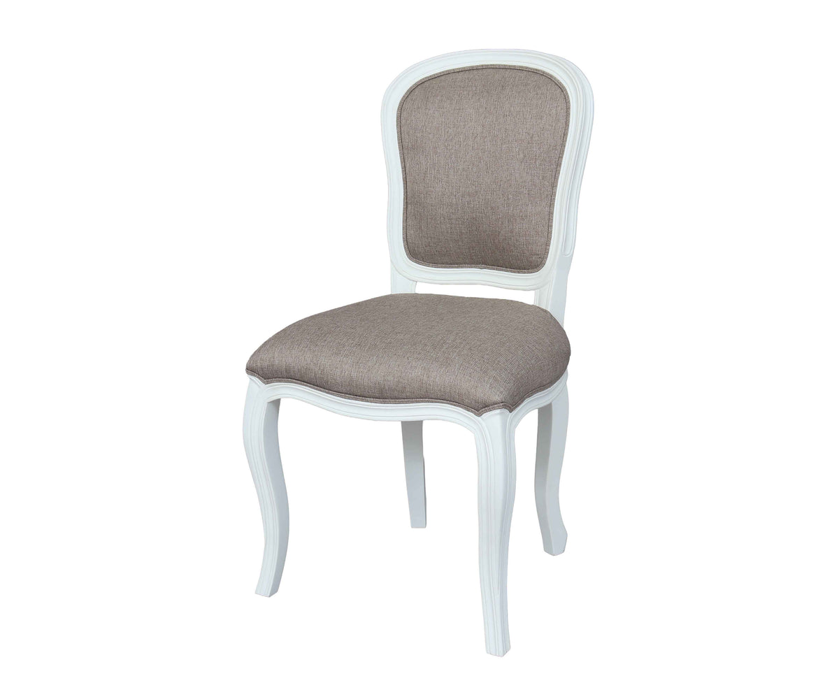 French Style Taupe Upholstered Dining Chair with White Cabriole Legs