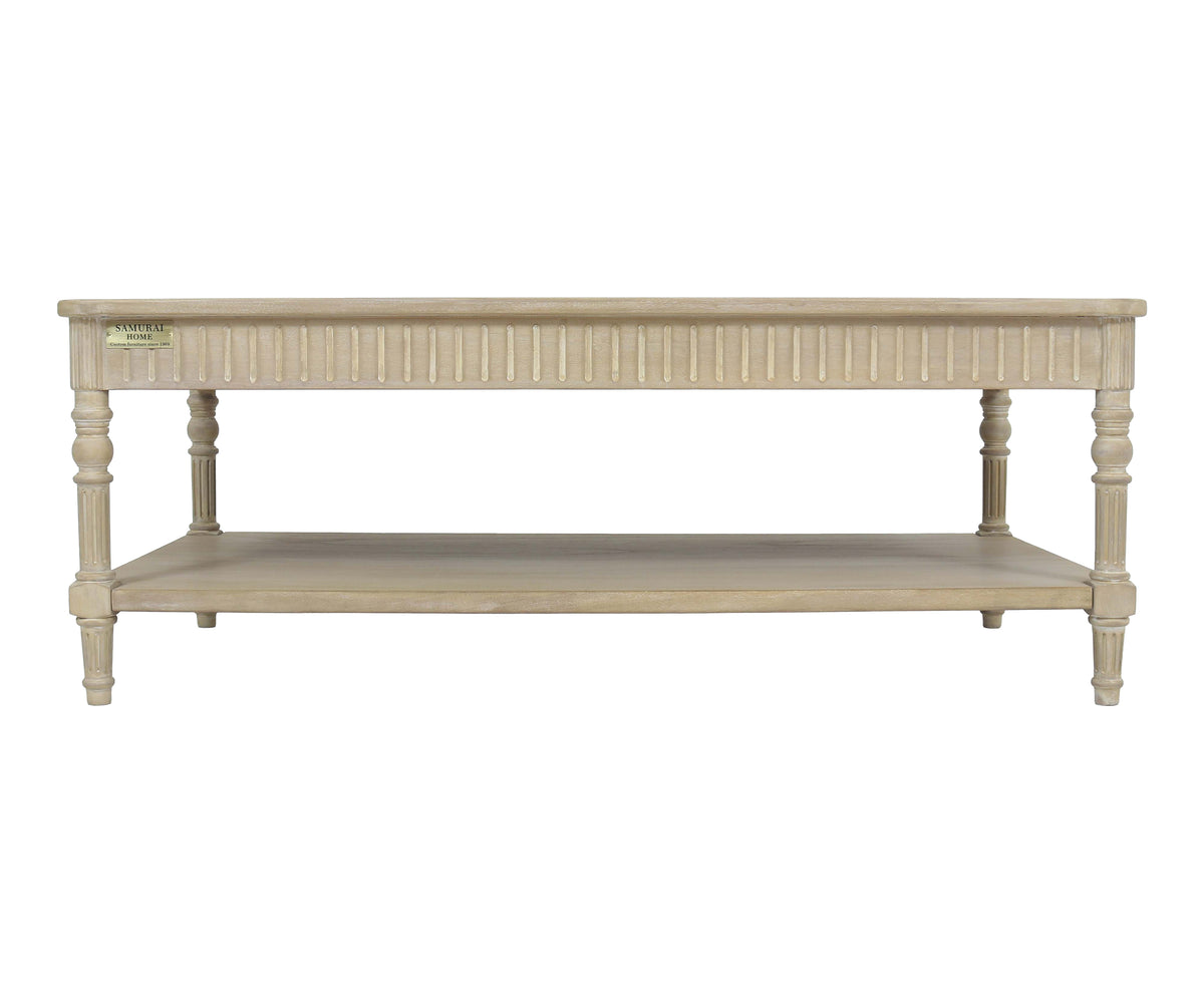 Fluted Edge Rectangular Wooden Coffee Table with Lower Shelf