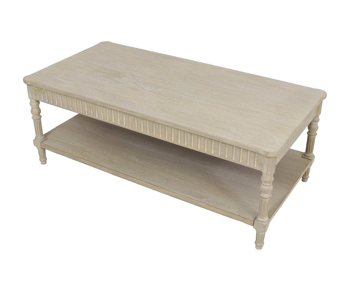 Fluted Edge Rectangular Wooden Coffee Table with Lower Shelf