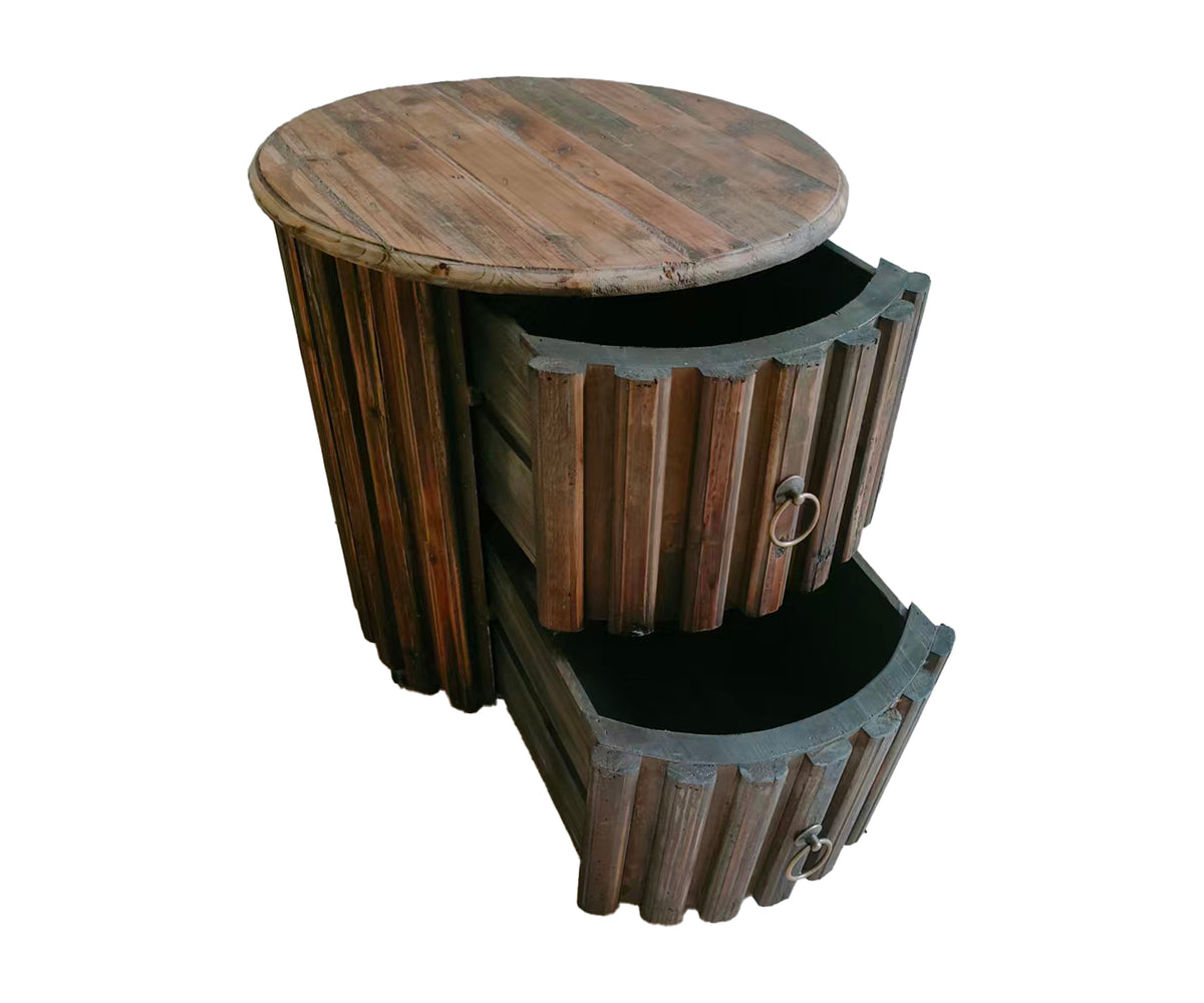 Slatted Wood Barrel 2-Drawer Bedside Table on Casters